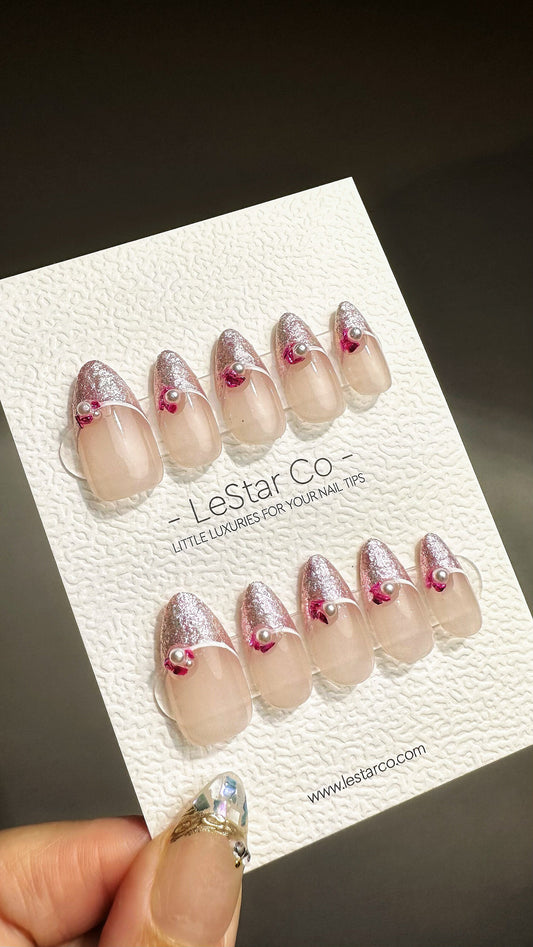 Reusable Pink Shimmer French Tips w/ Peal | Press on Nails Gel | Fake Nails | Handmade Pressons faux nails ML715