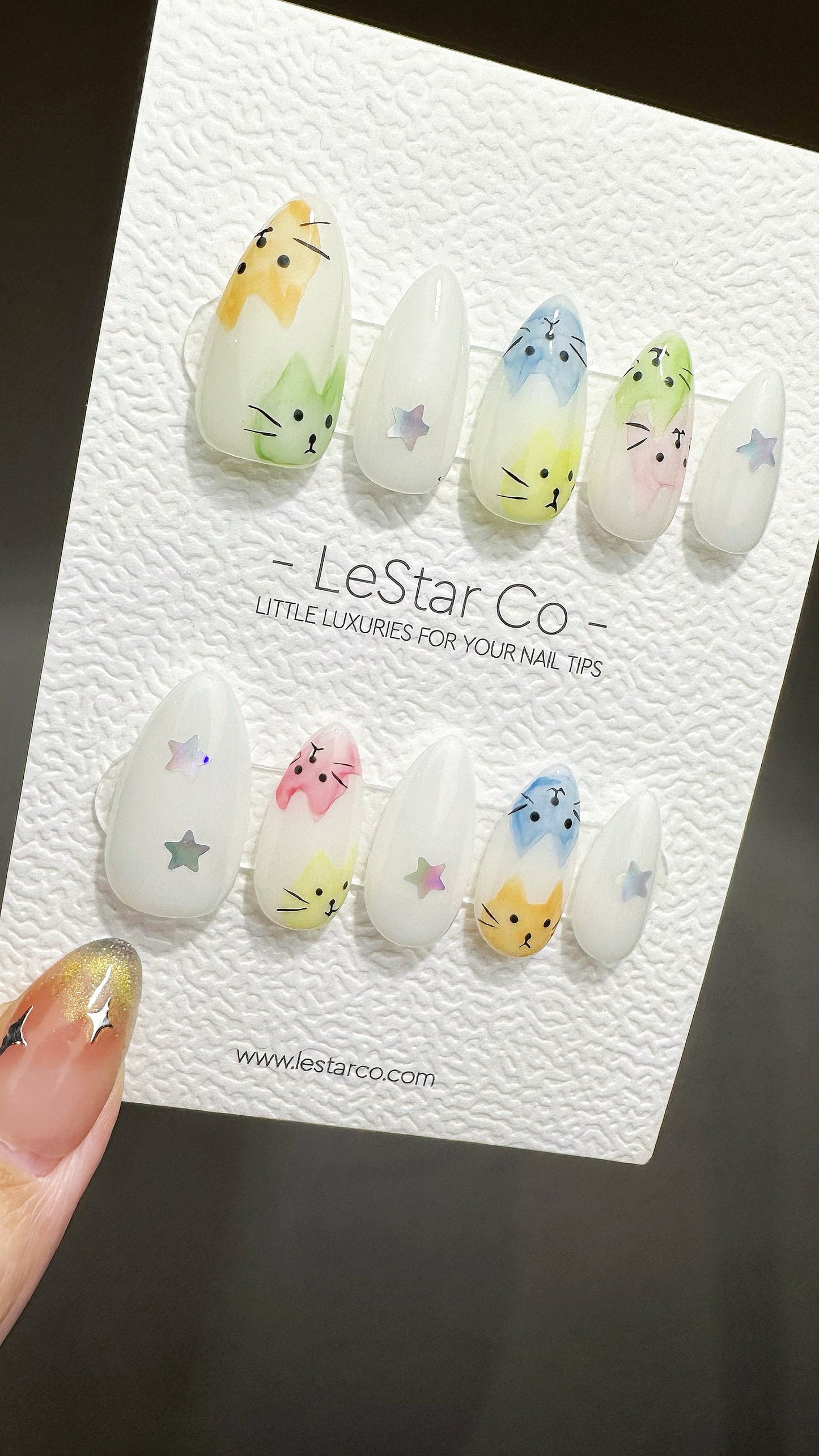 Reusable Kitty Kitty Star | Premium Handmade Press on Nails Gel | Fake Nails | Cute Fun Colorful Gel Nail Artist faux nails QN637