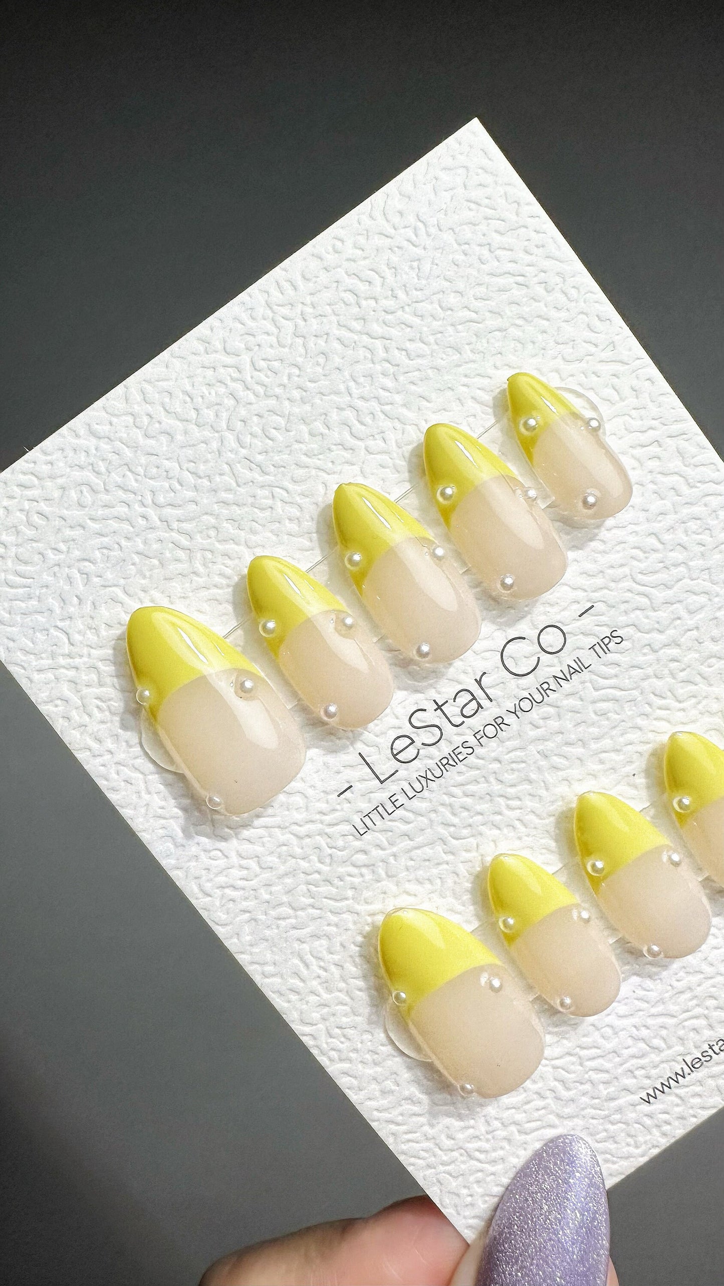 Reusable Lemonade French Tip with Pearl | Premium Press on Nails Gel | Fake Nails | Cute Fun Colorful Gel Nail Artist faux nails ML722