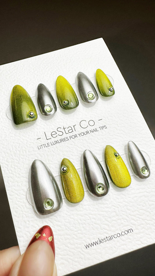 Reusable Metallic Olive Array Cat Eye Effect | Premium Press on Nails Gel | Fake Nails | Cute Colorful Gel Nail faux nails QN646