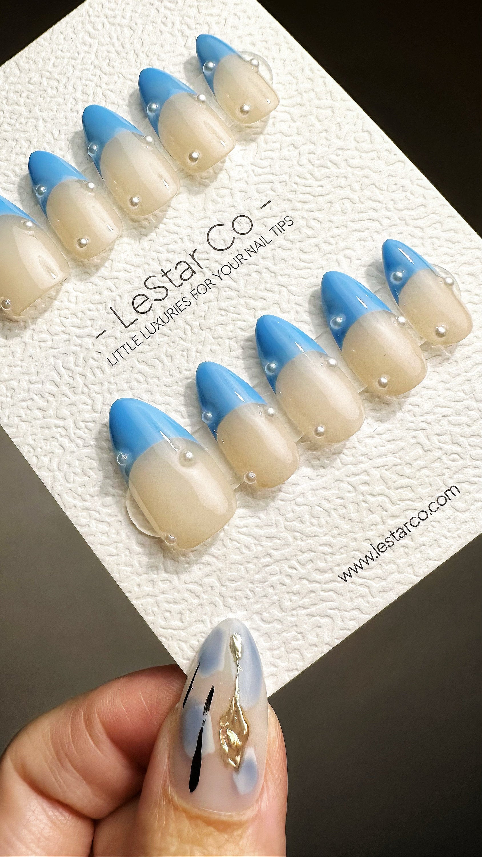 Reusable Ocean Drive French Tip with Pearl | Premium Press on Nails Gel | Fake Nails | Cute Fun Colorful Gel Nail Artist faux nails ML739