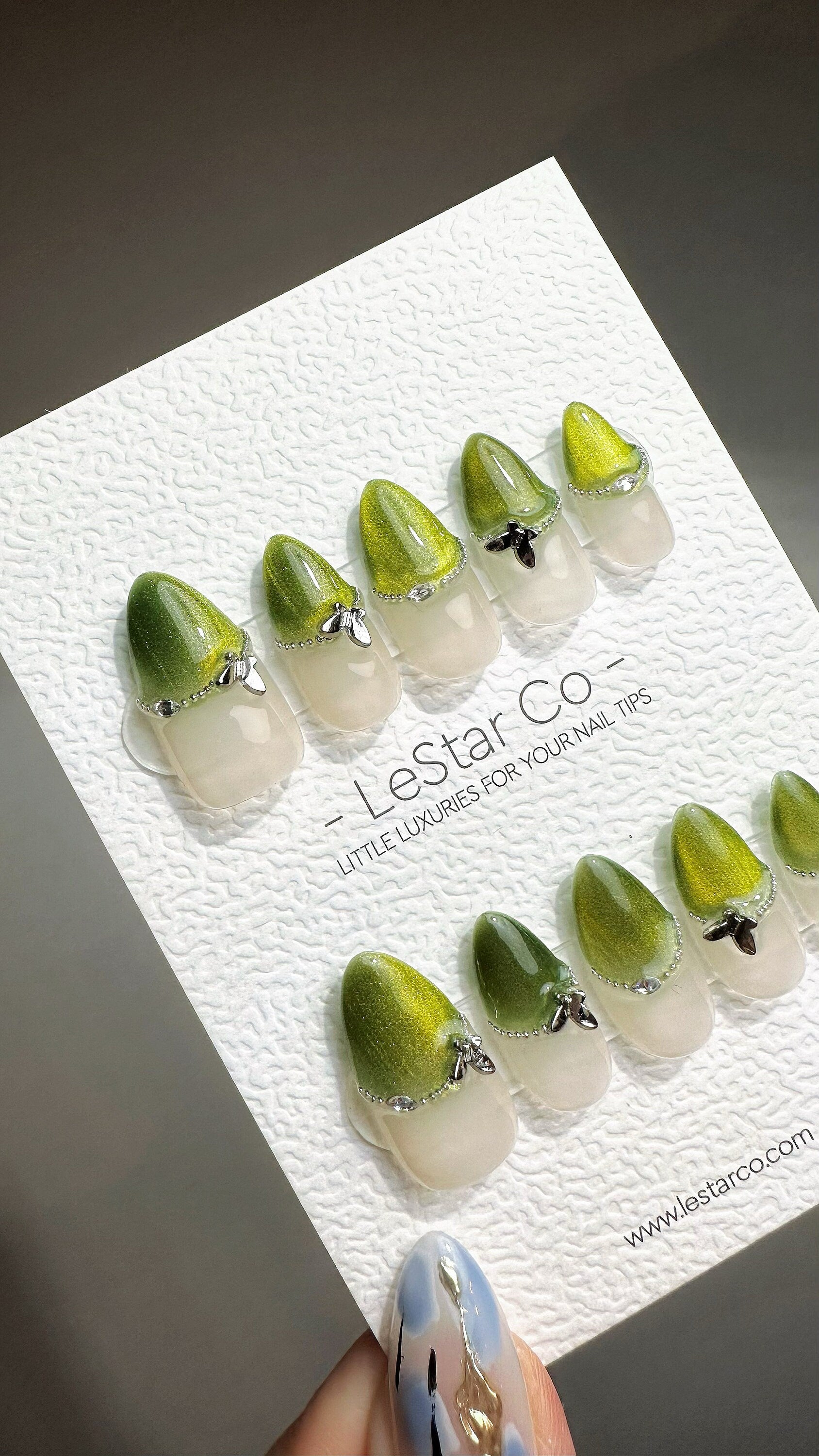 Reusable Willow Whimsy French Tip Cat Eye Effect | Premium Press on Nails Gel | Fake Nails | Cute Fun Colorful Gel Nail faux nails QN740