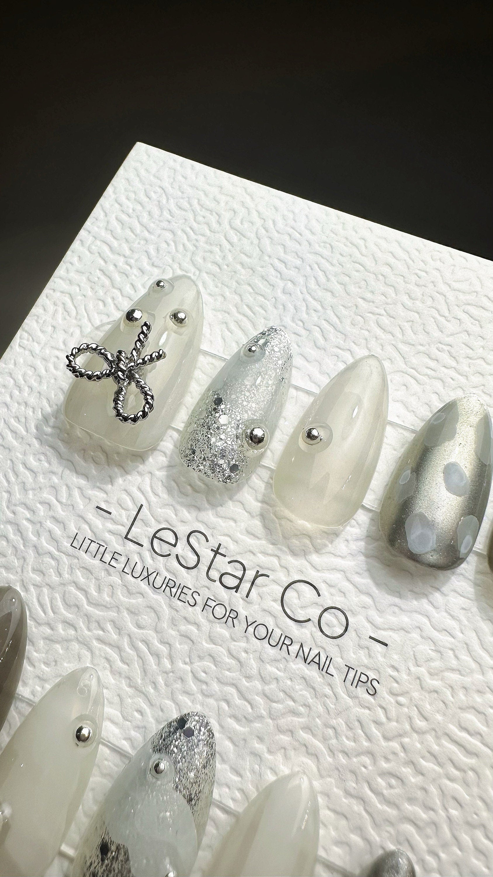 Reusable Silver Bow Starlit | Premium Press on Nails Gel | Fake Nails | Handprint Pressons Prom/Event/Birthday Nails ML670