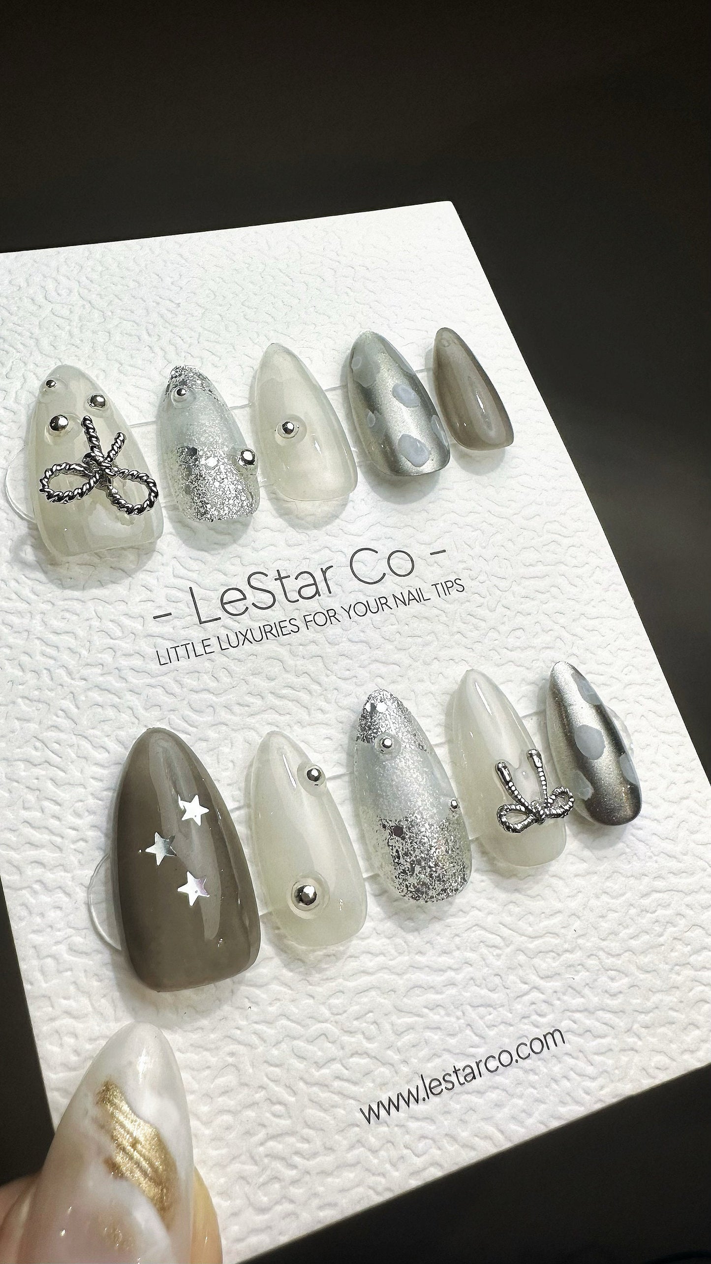 Reusable Silver Bow Starlit | Premium Press on Nails Gel | Fake Nails | Handprint Pressons Prom/Event/Birthday Nails ML670