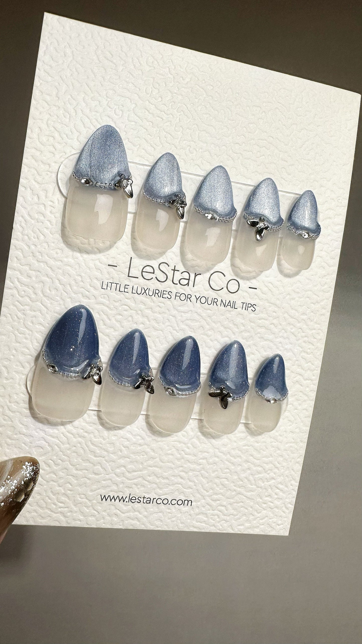 Reusable Icy Blue Butterfly French Tip Cat-Eye Effect| Premium Press on Nails Gel Manicure| Fake Nails | Handmade Gel Nail faux nails QN756