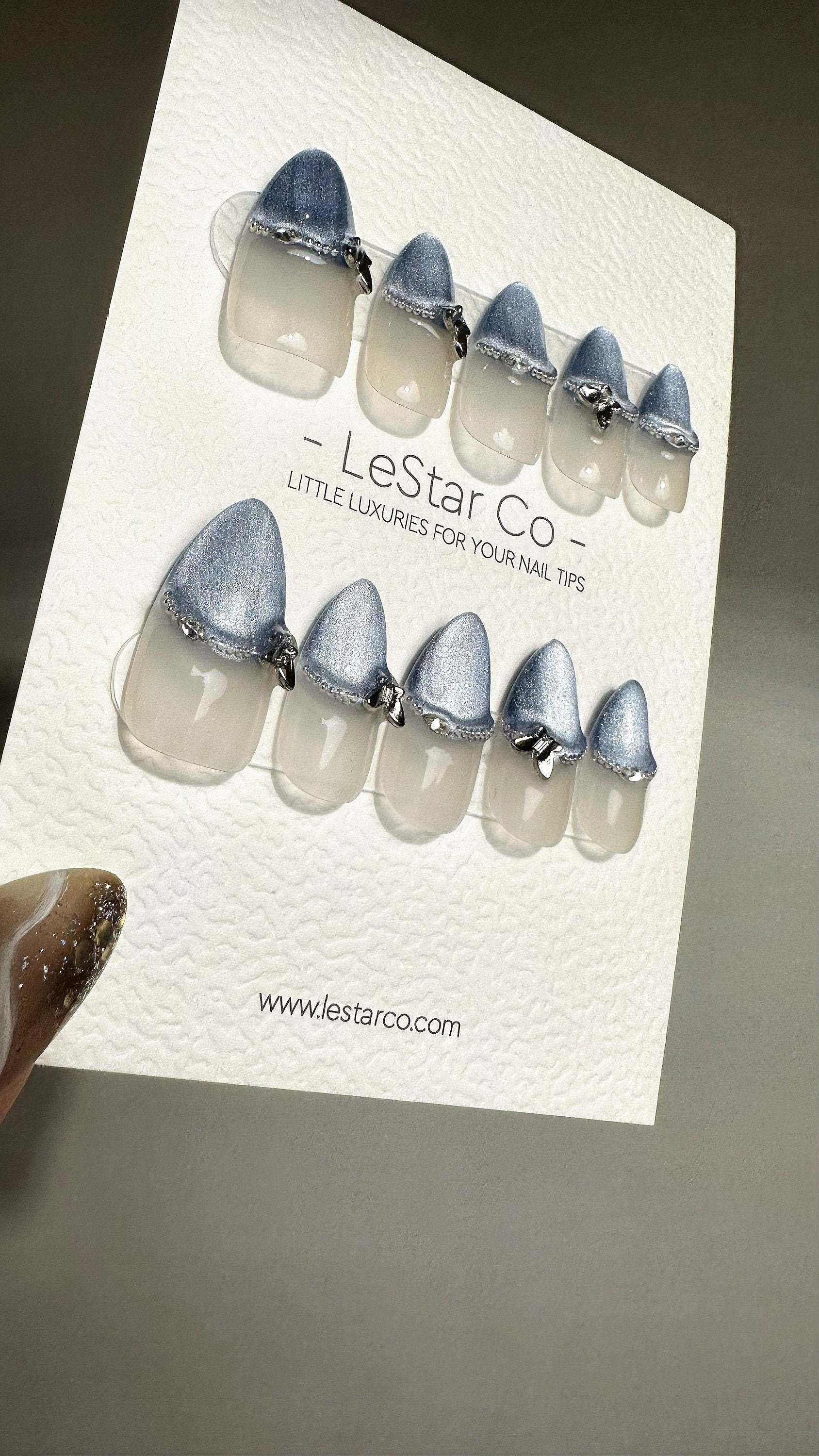 Reusable Icy Blue Butterfly French Tip Cat-Eye Effect| Premium Press on Nails Gel Manicure| Fake Nails | Handmade Gel Nail faux nails QN756