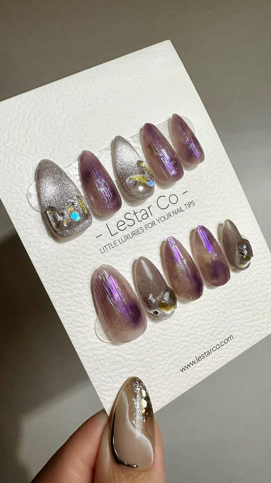 Reusable Mystic Amethyst Glow | Premium Press on Nails Gel Hand Painted Pressons Customizable Gel Nail faux nails QN757