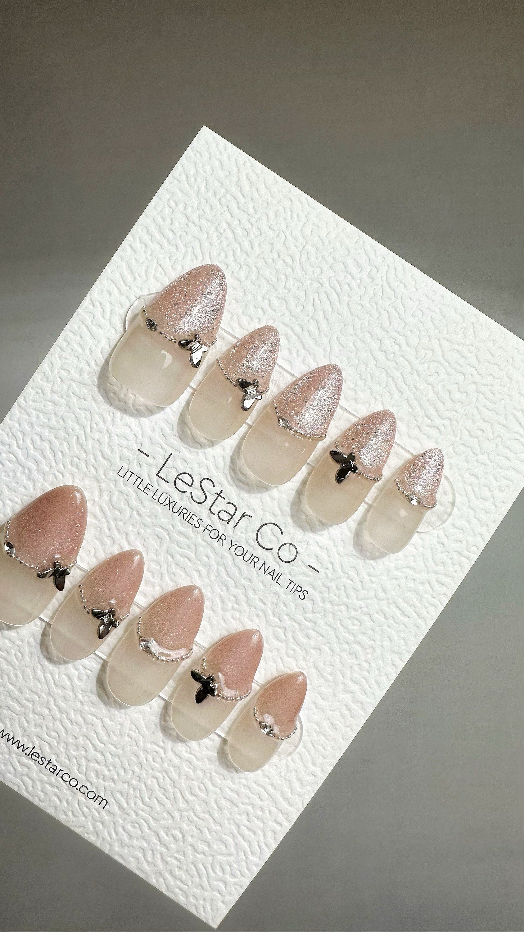 Reusable Icy Pink Butterfly French Tip Cat-Eye Effect| Premium Press on Nails Gel Manicure| Fake Nails | Handmade Gel Nail faux nails QN756