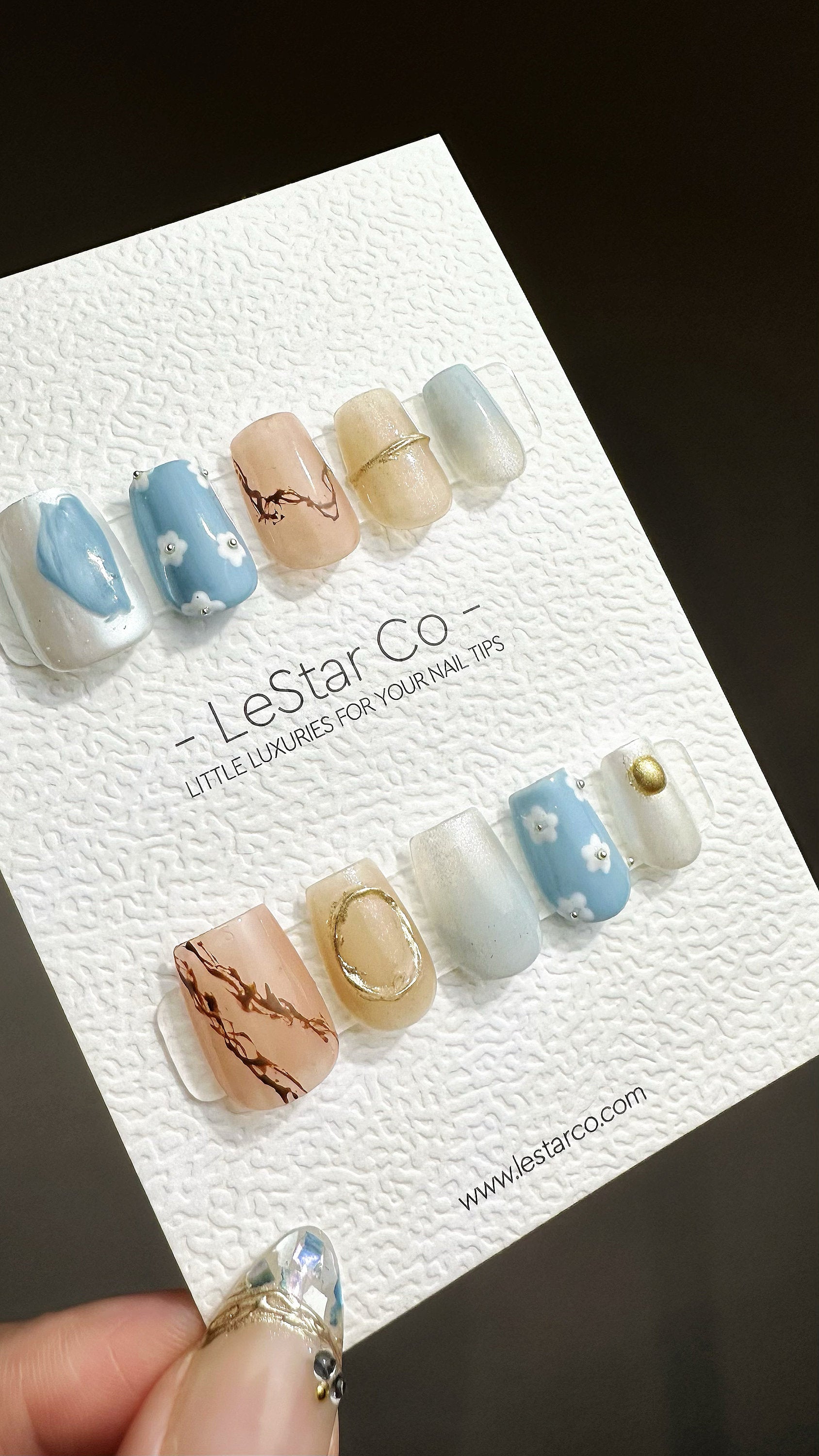 Reusable Sky Blue Petals | Premium Press on Nails Gel Manicure Handprint Pressons Handmade | Lestarco faux nails YR679