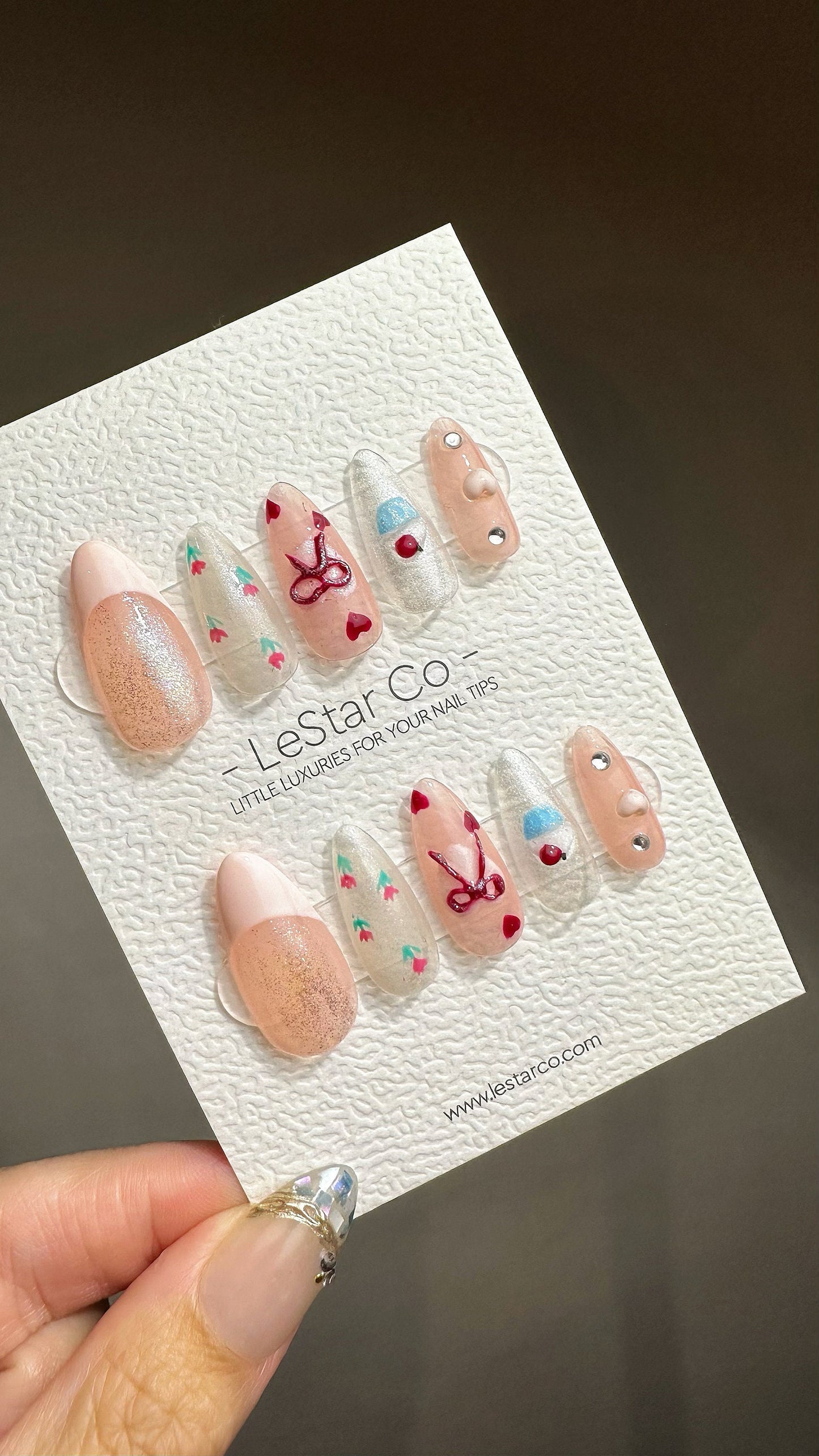 Reusable Rosy Ribbons | Premium Press on Nails Gel Manicure Handprint Pressons Handmade | Lestarco faux nails YR682