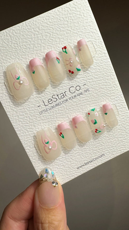 Reusable Spring Berry Delight | Premium Press on Nails Gel Manicure Handprint Pressons Handmade | Lestarco faux nails YR688