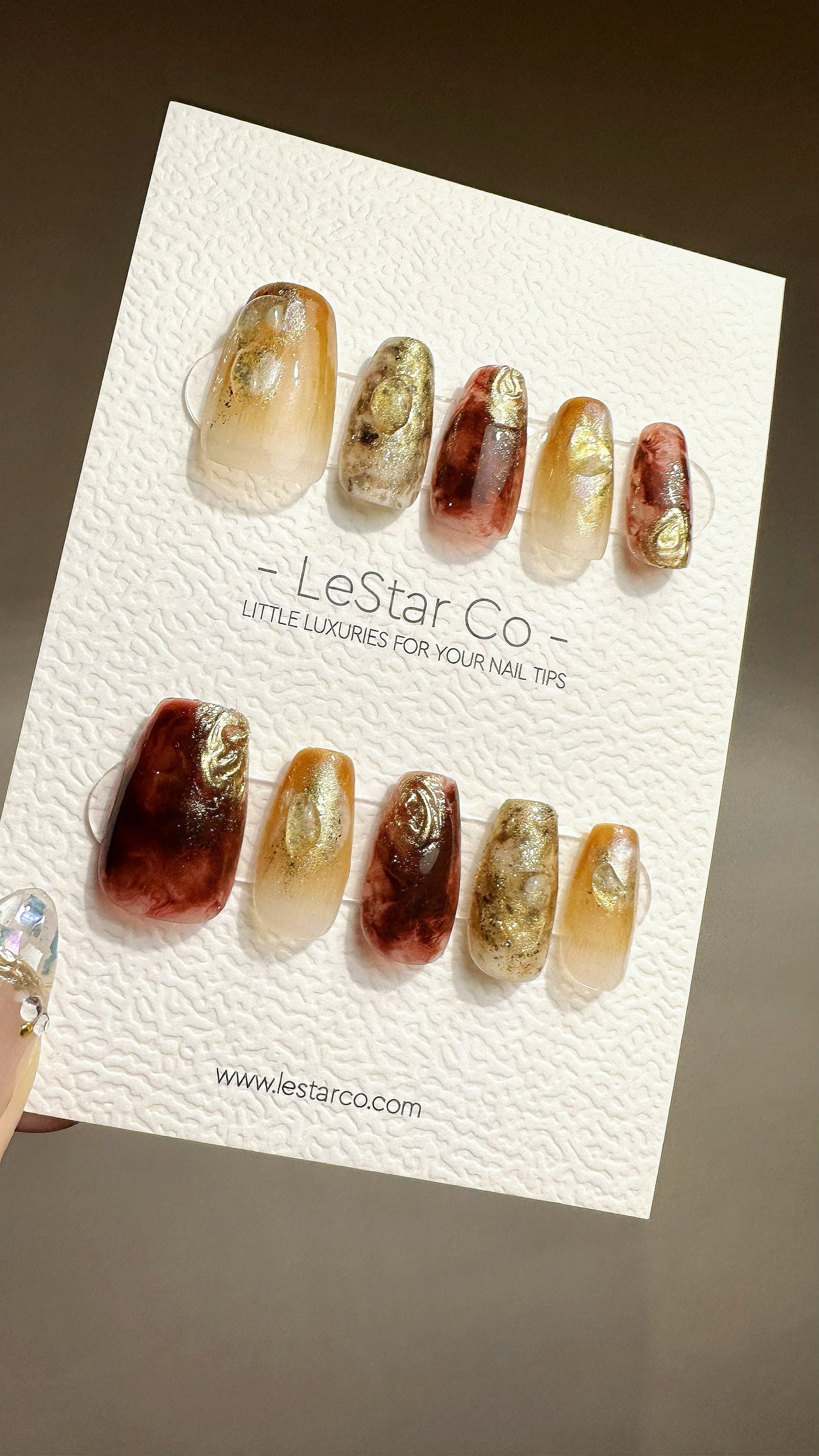 Reusable Golden Ember | Premium Press on Nails Gel Manicure Handprint Pressons Handmade | Lestarco faux nails YR689