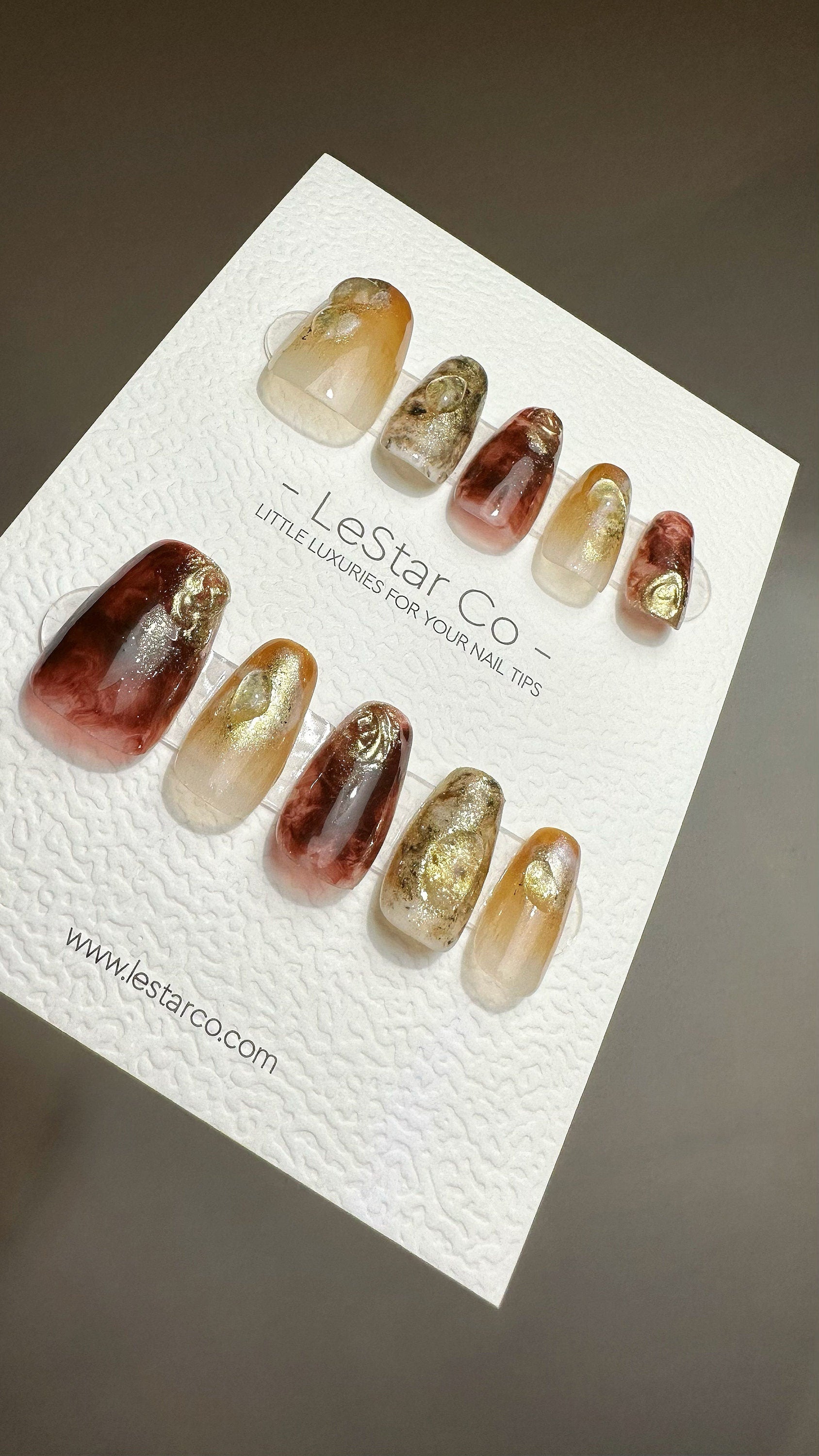 Reusable Golden Ember | Premium Press on Nails Gel Manicure Handprint Pressons Handmade | Lestarco faux nails YR689