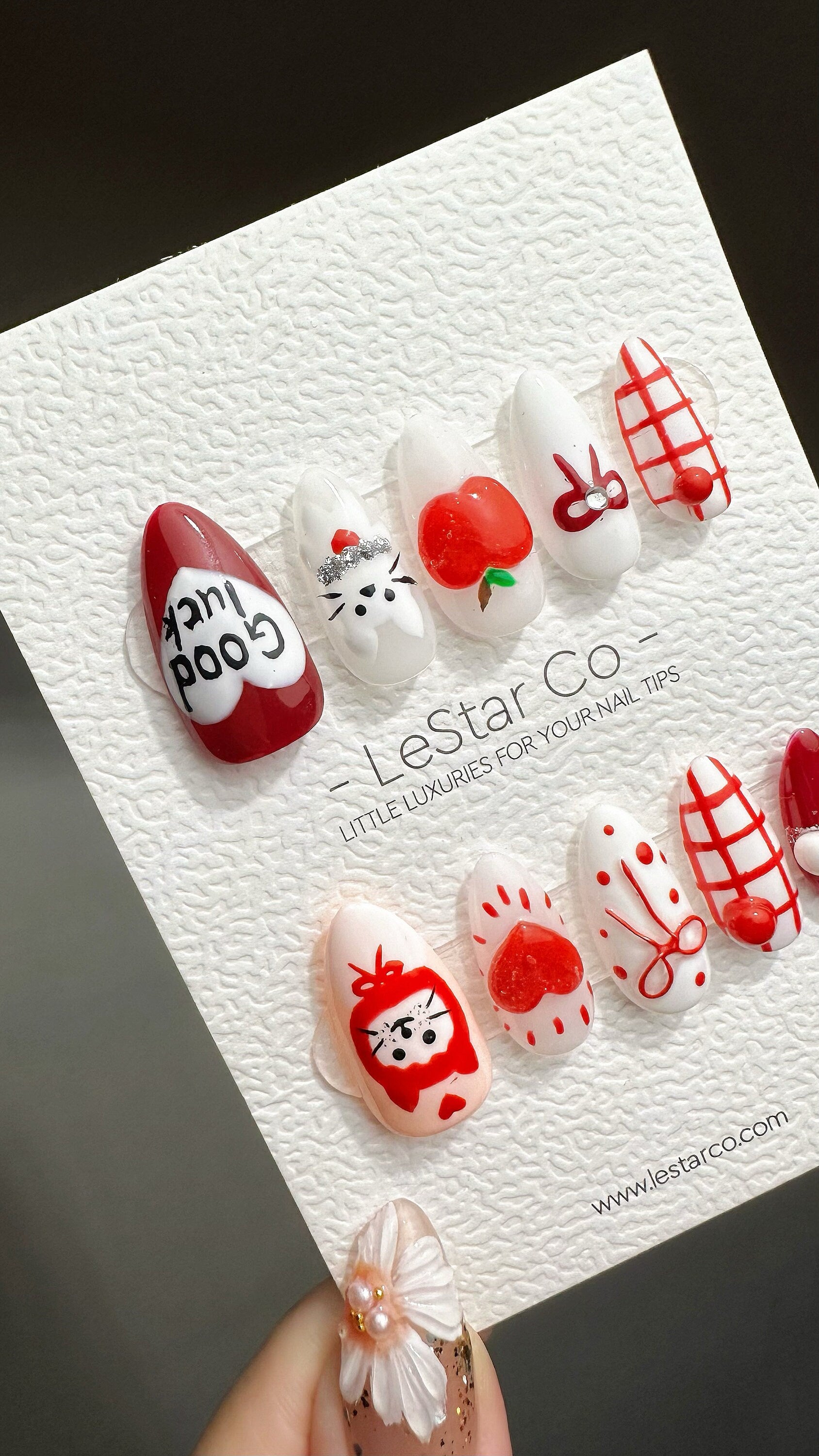 Reusable Good Luck Apple Kitty Cat | Premium Press on Nails Gel Manicure | Fake Nails | Handmade | Artificial nails YR765