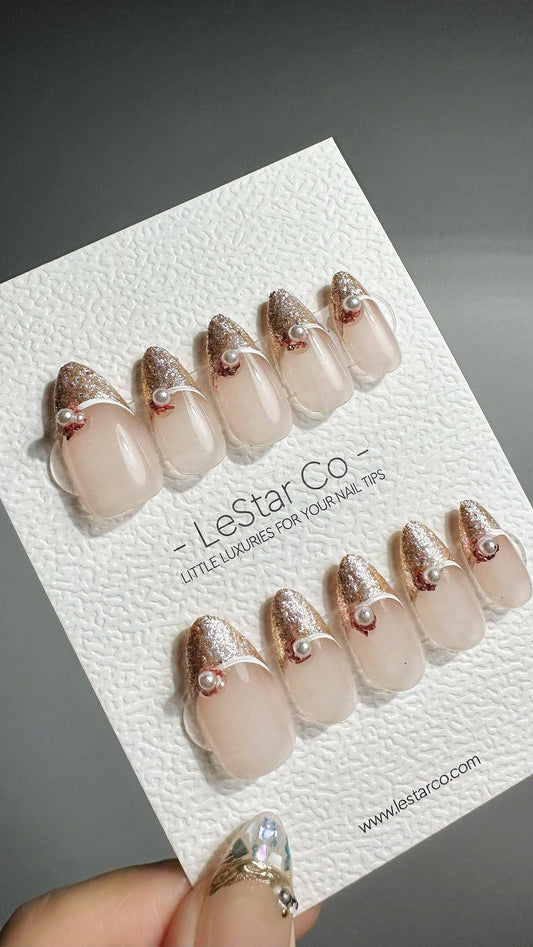 Reusable Radiant Rose Gold w/ Peal French Tip | Press on Nails Gel | Fake Nails | Handmade Pressons faux nails ML705