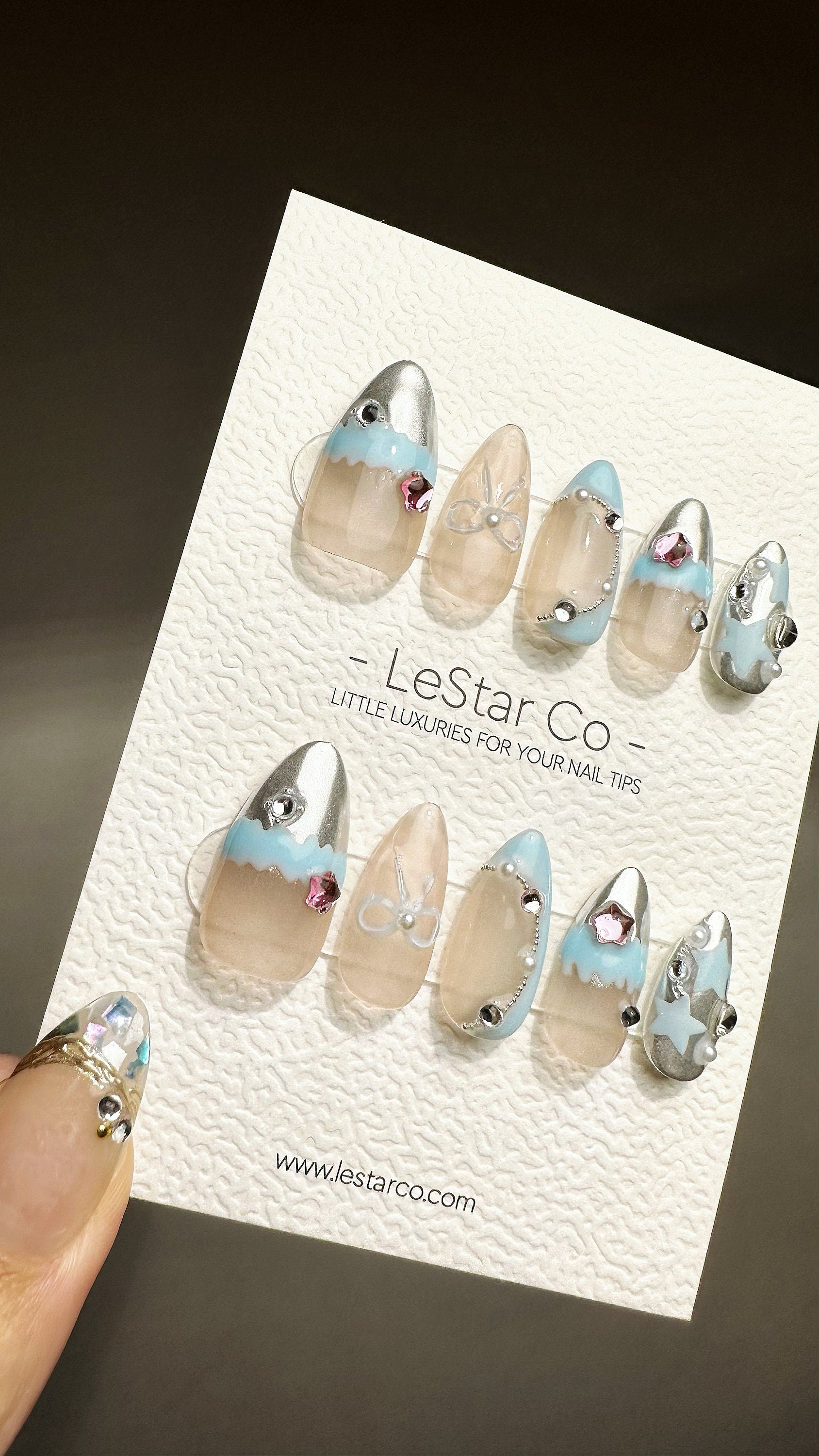 Reusable Frosty Blue Icy Gem | Premium Press on Nails Gel Handprint Pressons Customizable Gel Nail Artist faux nails ML709