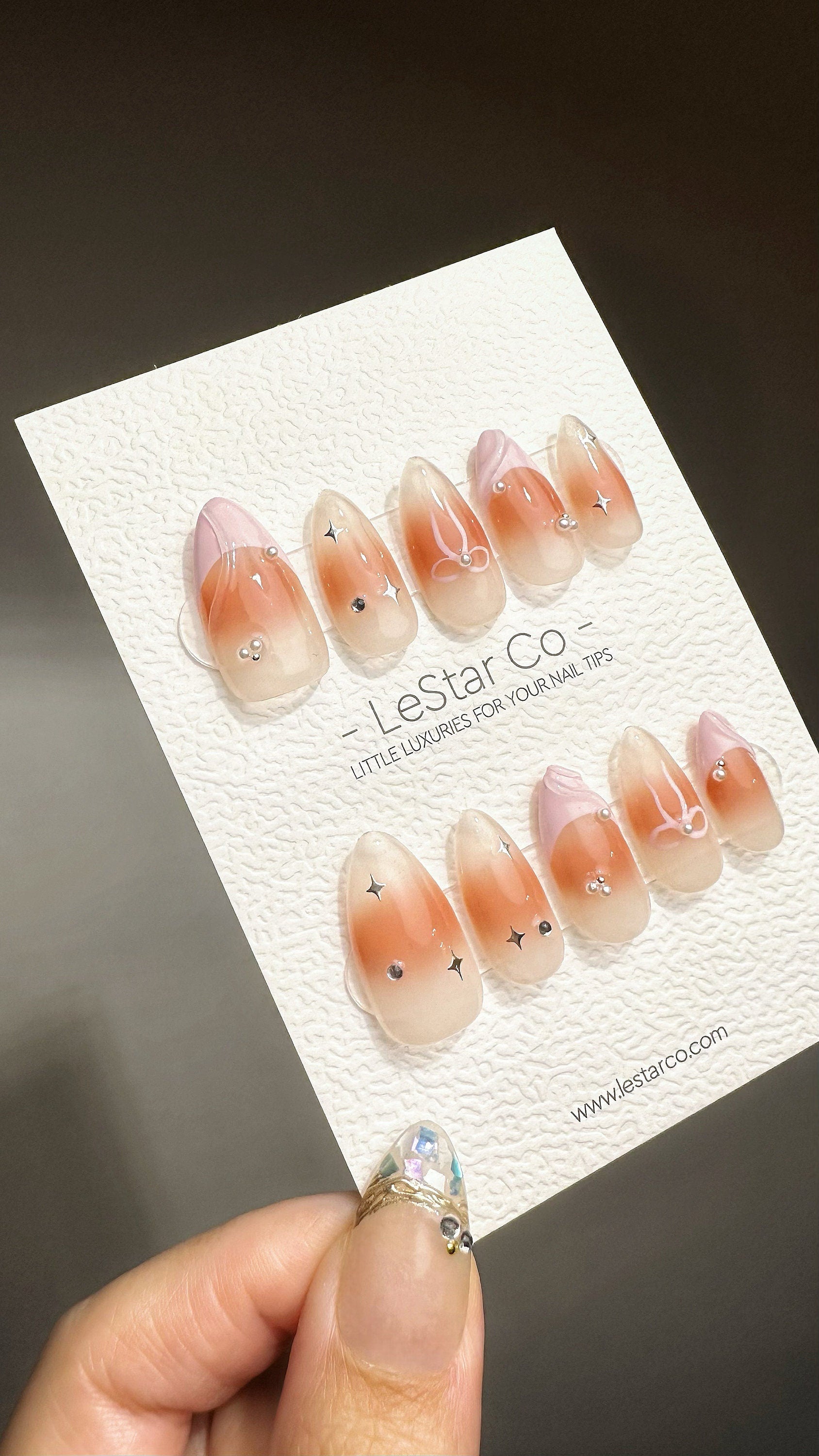 Reusable Rosy Peachy Glow French Tip with Ribbon Star | Premium Press on Nails Gel | Fake Nails | Handprint Gel Nail Faux nails ML713