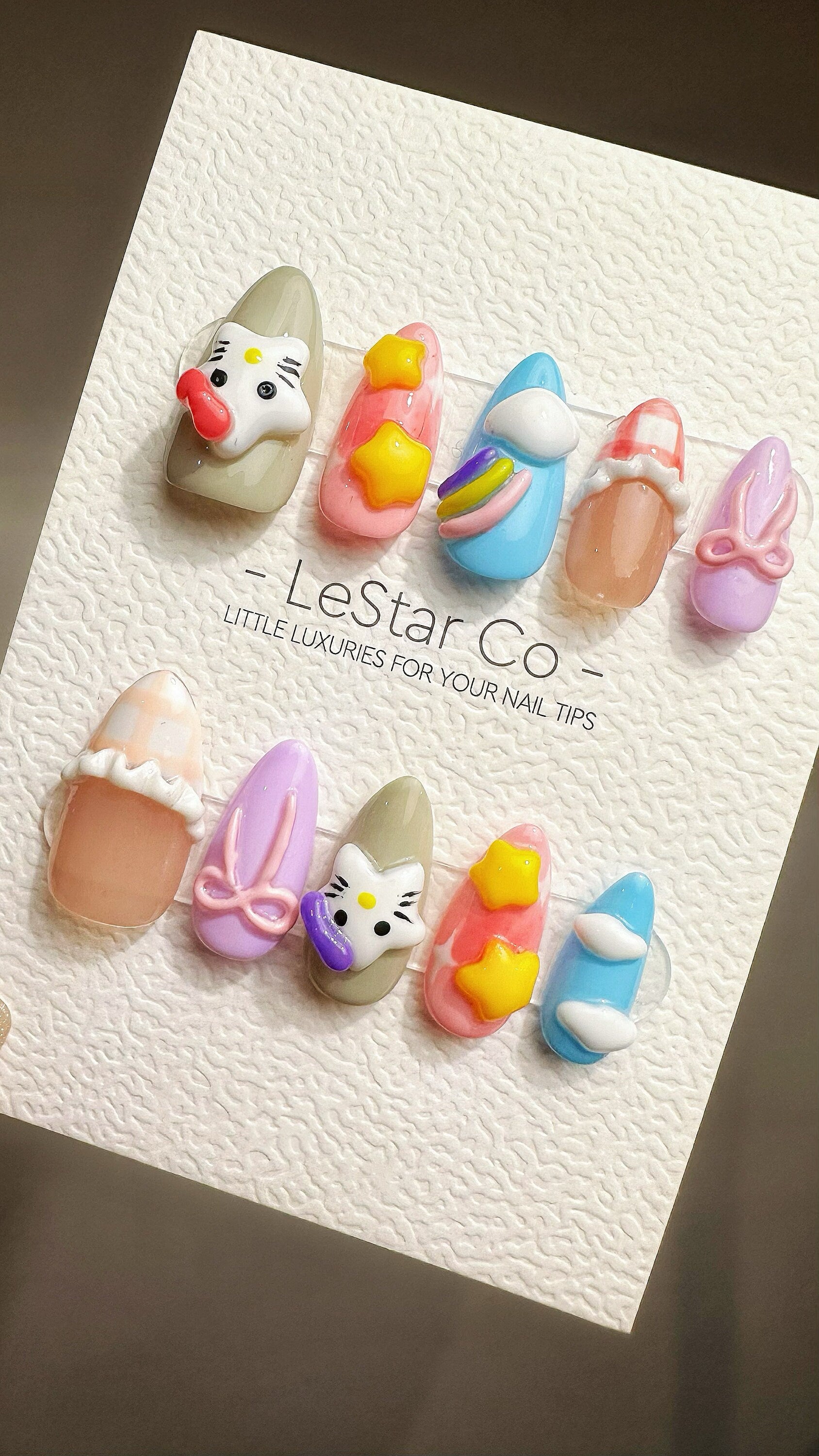 Reusable Star Rainbow Kitty| Premium Press on Nails Gel Hand Painted Pressons Customizable Gel Nail Artist faux nails YR772