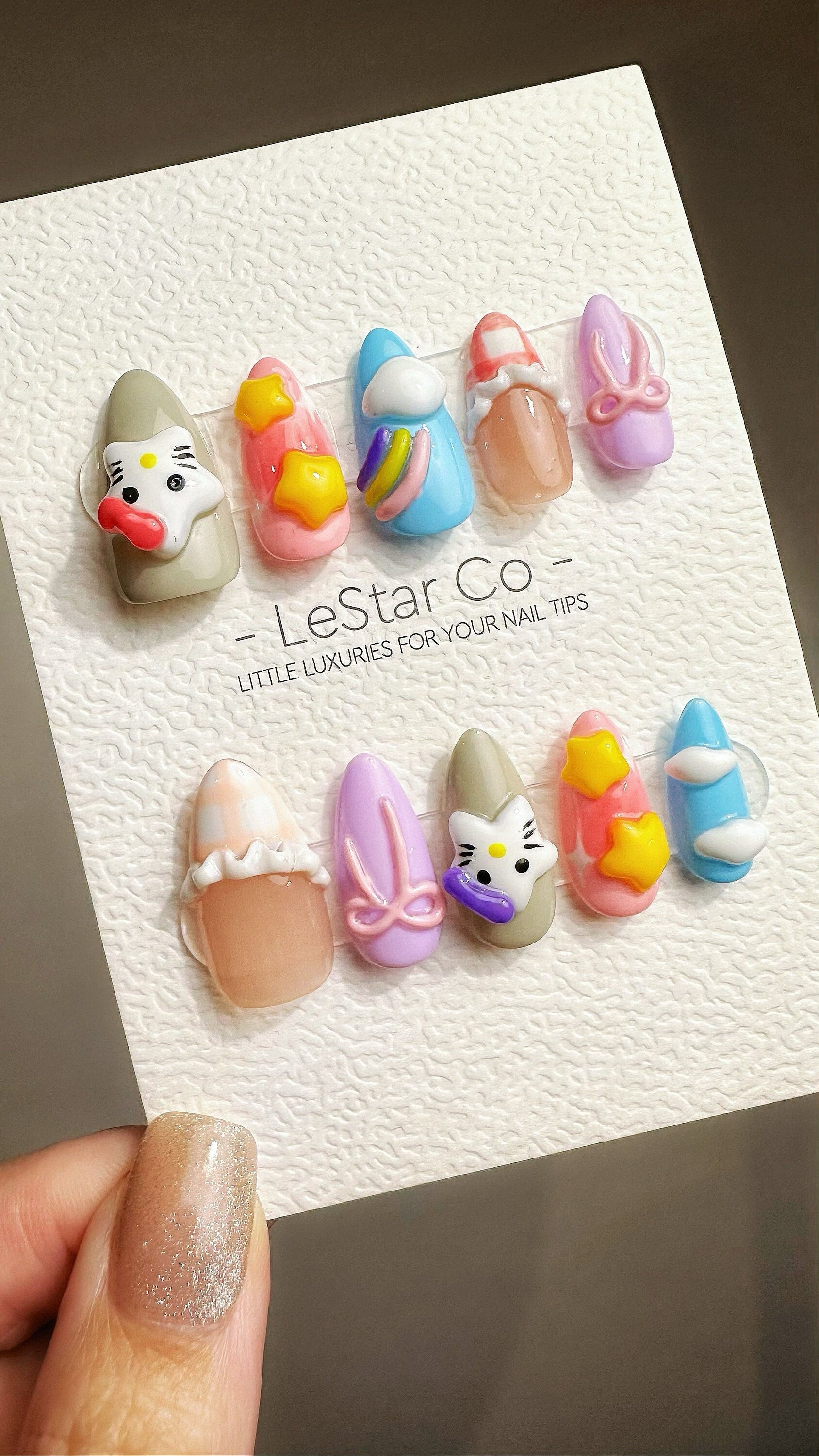 Reusable Star Rainbow Kitty| Premium Press on Nails Gel Hand Painted Pressons Customizable Gel Nail Artist faux nails YR772