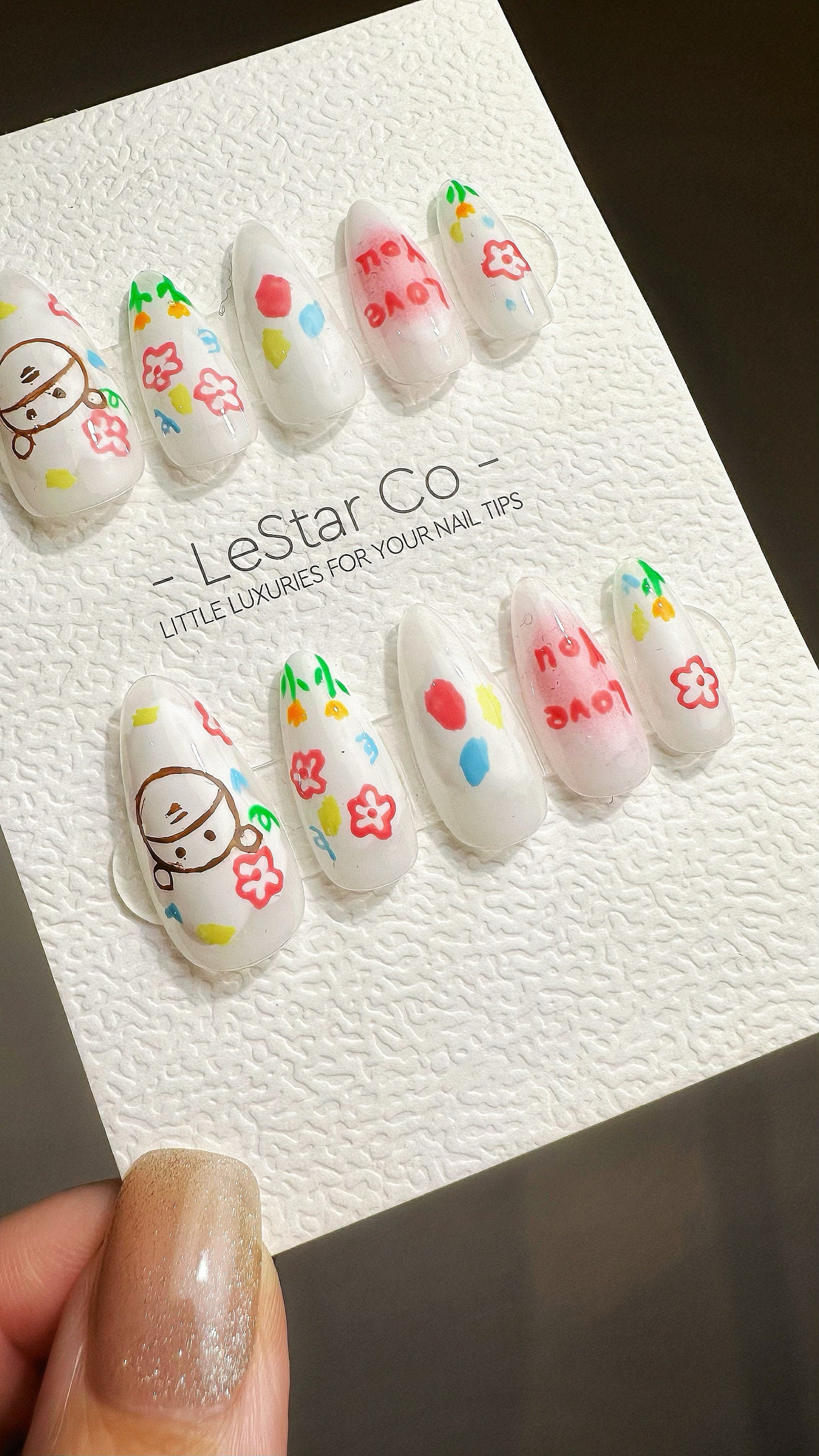 Reusable Cheerful Buddy | Premium Press on Nails Gel Manicure Hand Painted Pressons Handmade Gel Nail Artist faux nails YR773