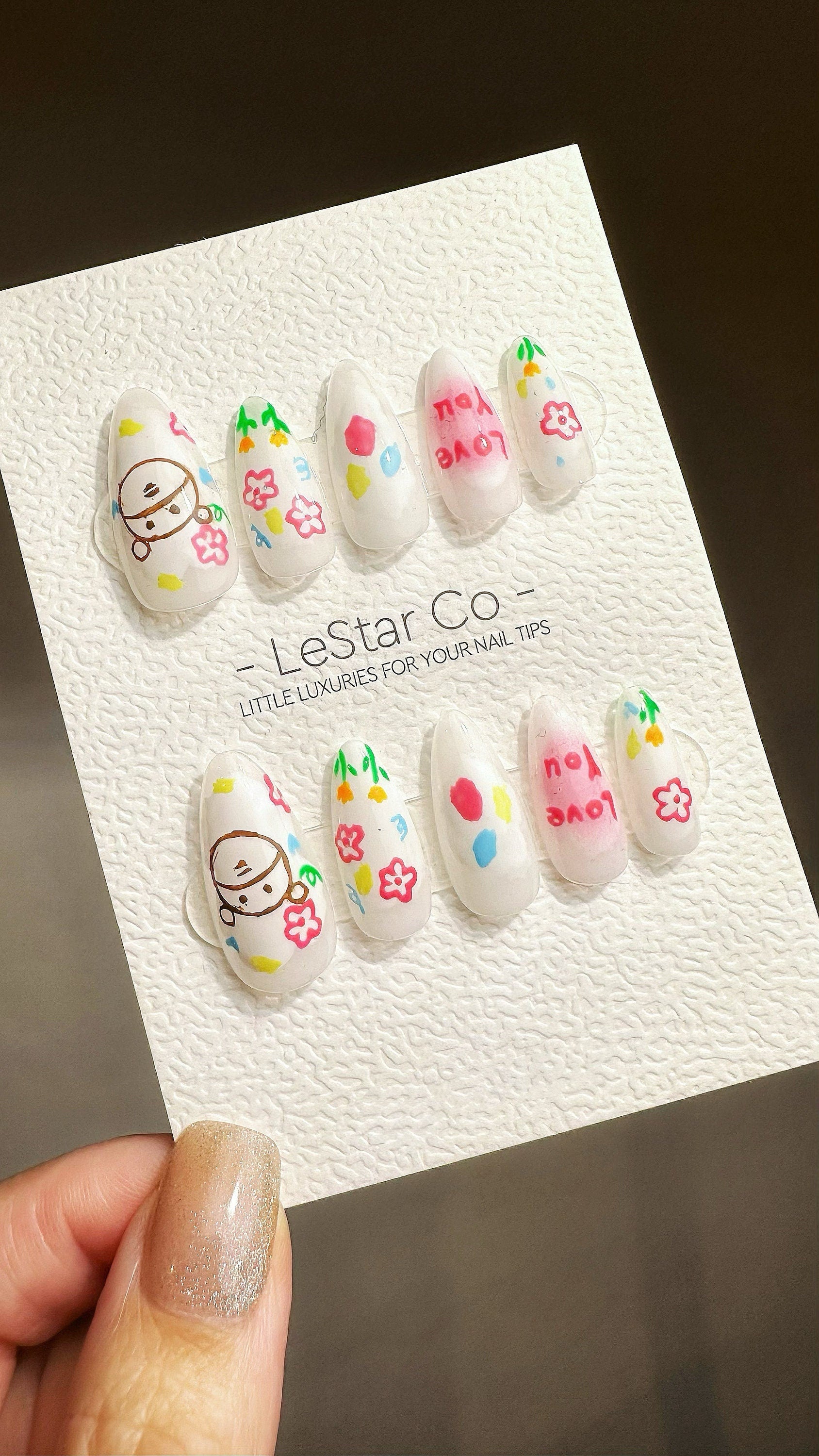 Reusable Cheerful Buddy | Premium Press on Nails Gel Manicure Hand Painted Pressons Handmade Gel Nail Artist faux nails YR773