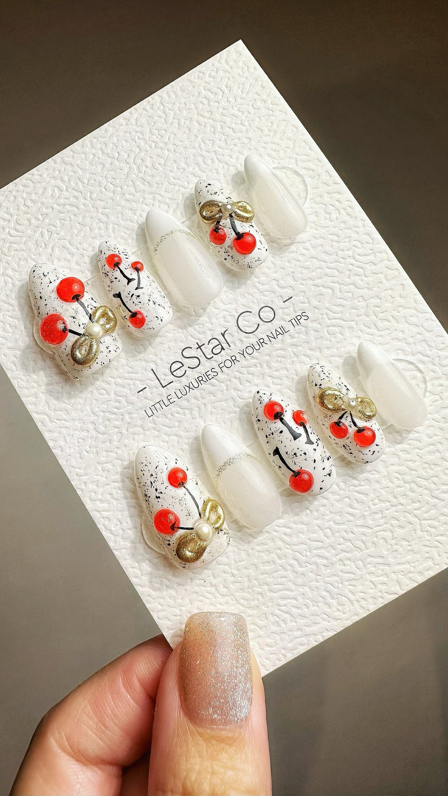 Reusable Red Cherry Chic| Premium Press on Nails Gel Hand Painted Pressons Customizable Gel Nail Artist faux nails YR776