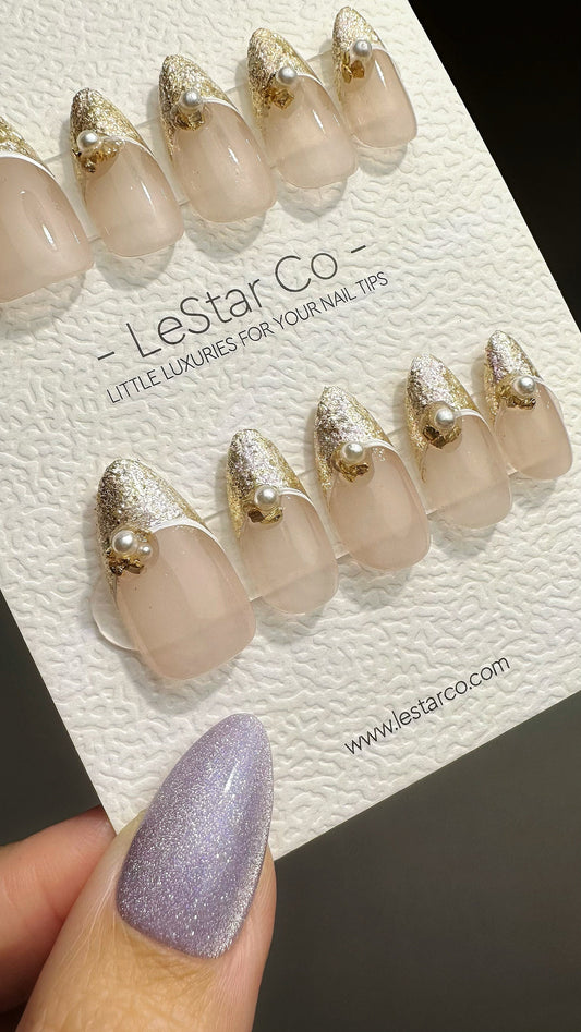 Reusable Glittering Champagne French Tips w/ Peal | Press on Nails Gel | Fake Nails | Handmade Pressons faux nails ML723