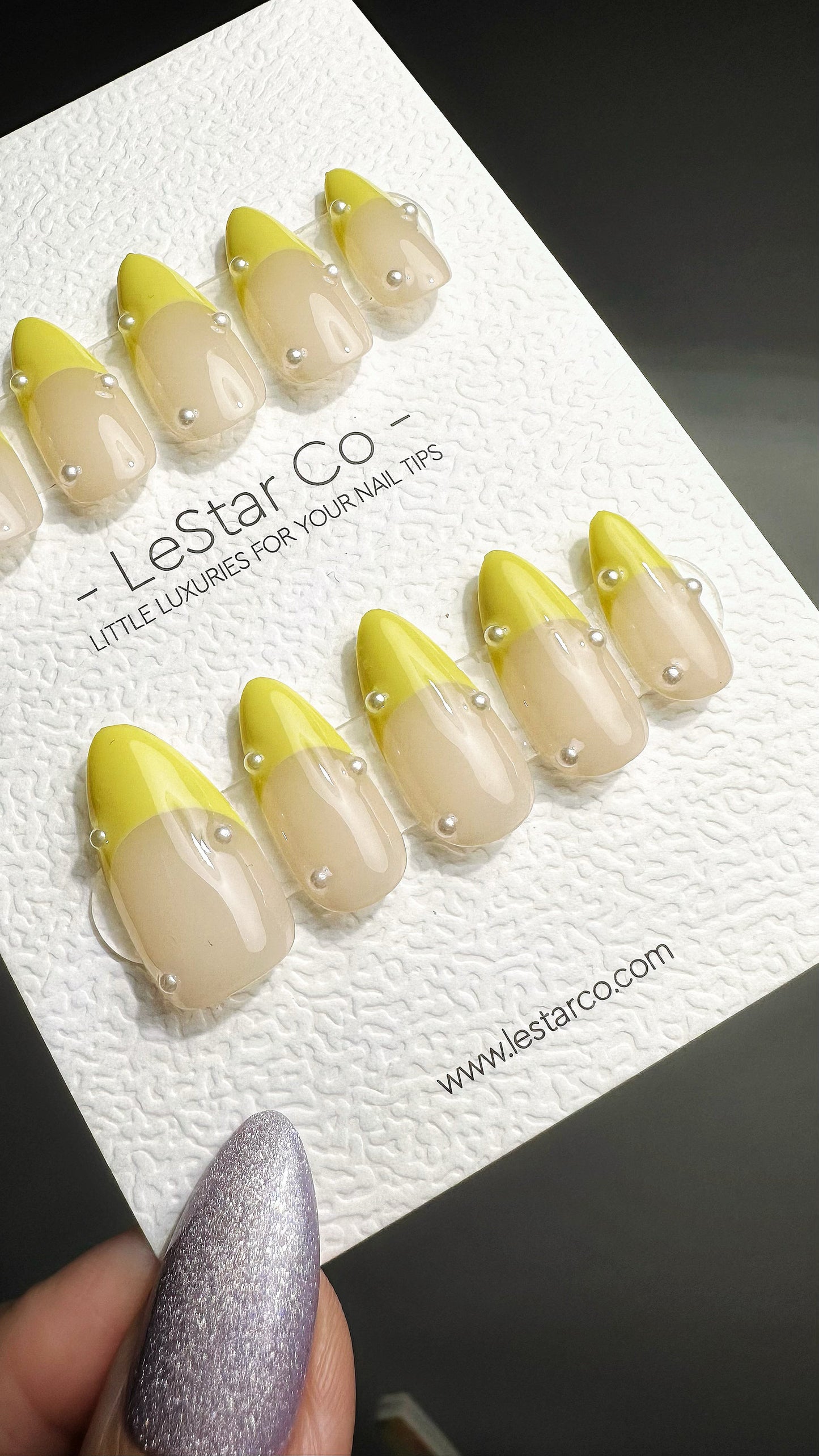 Reusable Lemonade French Tip with Pearl | Premium Press on Nails Gel | Fake Nails | Cute Fun Colorful Gel Nail Artist faux nails ML722