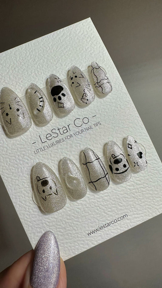 Reusable Spooky Doodles Cat Eye Effect | Premium Press on Nails Gel | Fake Nails | Cute Fun Colorful Gel Nail faux nails ML720