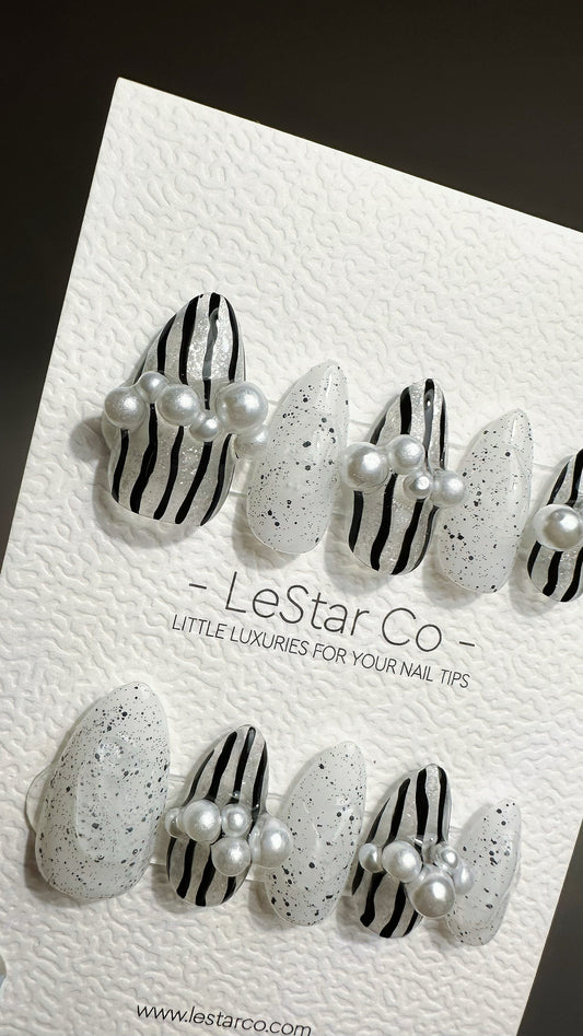 Reusable Monochrome Majesty | Premium Press on Nails Gel Hand Painted Pressons Customizable Gel Nail Artist faux nails ML728