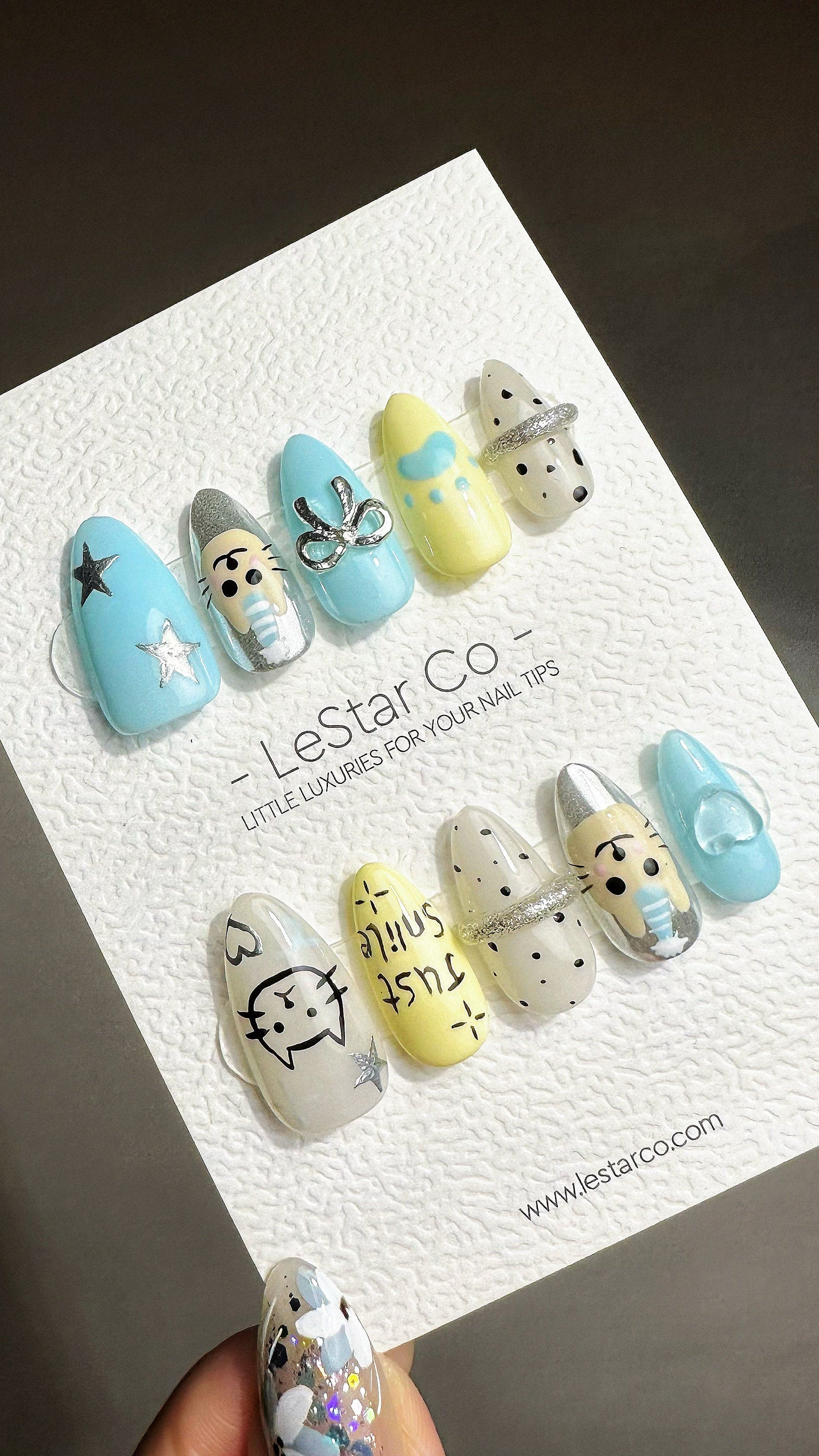 Reusable Cheerful Kitty Whimsy | Premium Press on Nails Gel Hand Painted Pressons Customizable Gel Nail Artist faux nails ML731