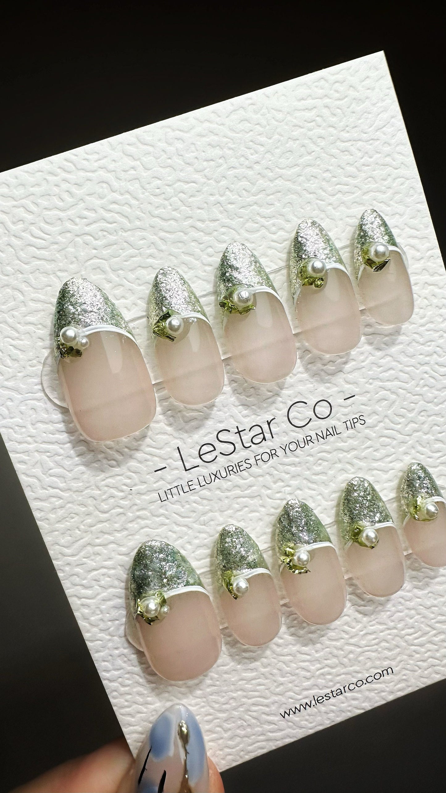 Reusable Green Mirrorball Magic French Tips w/ Peal | Press on Nails Gel | Fake Nails | Handmade Pressons faux nails ML734