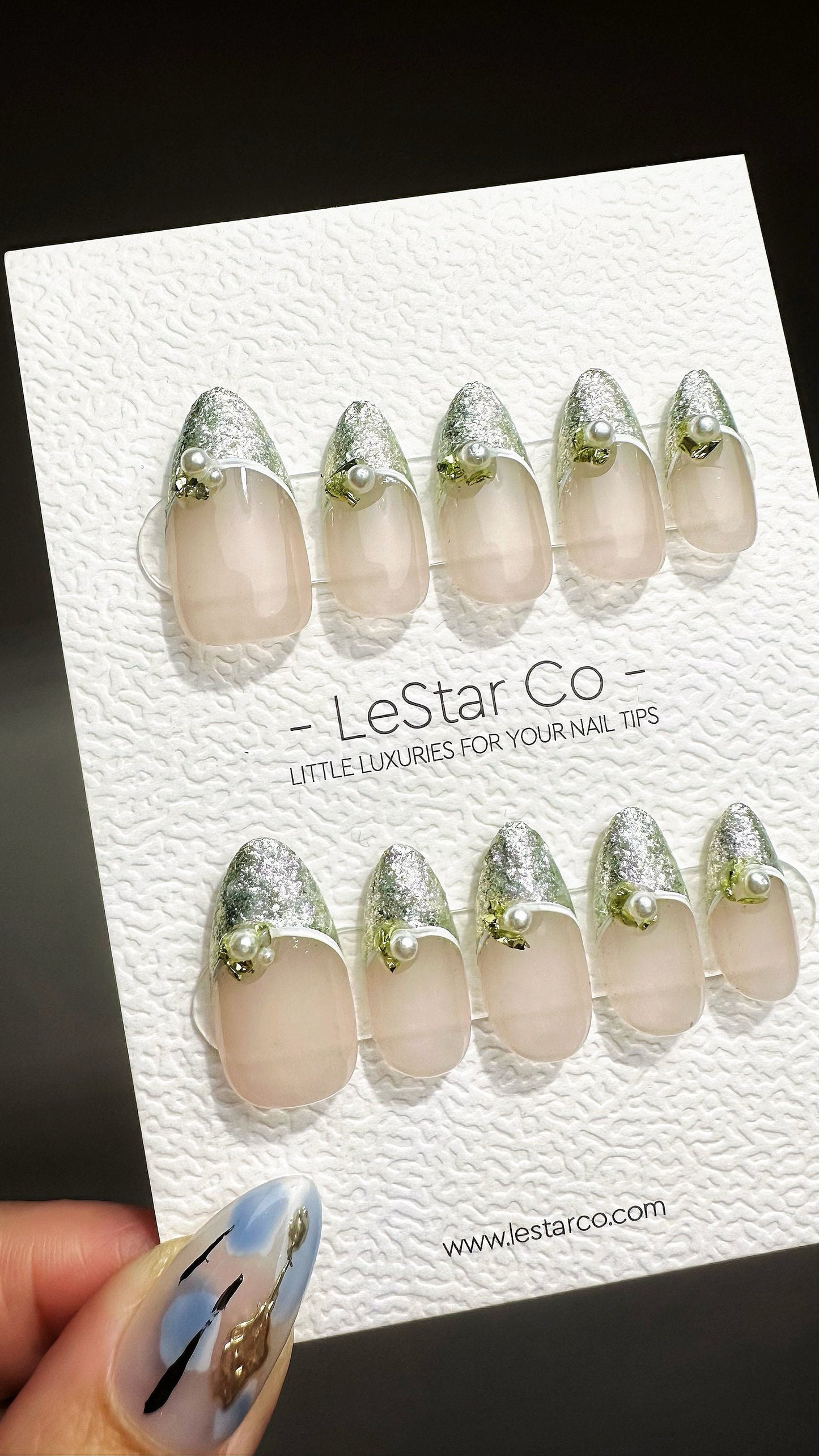 Reusable Green Mirrorball Magic French Tips w/ Peal | Press on Nails Gel | Fake Nails | Handmade Pressons faux nails ML734