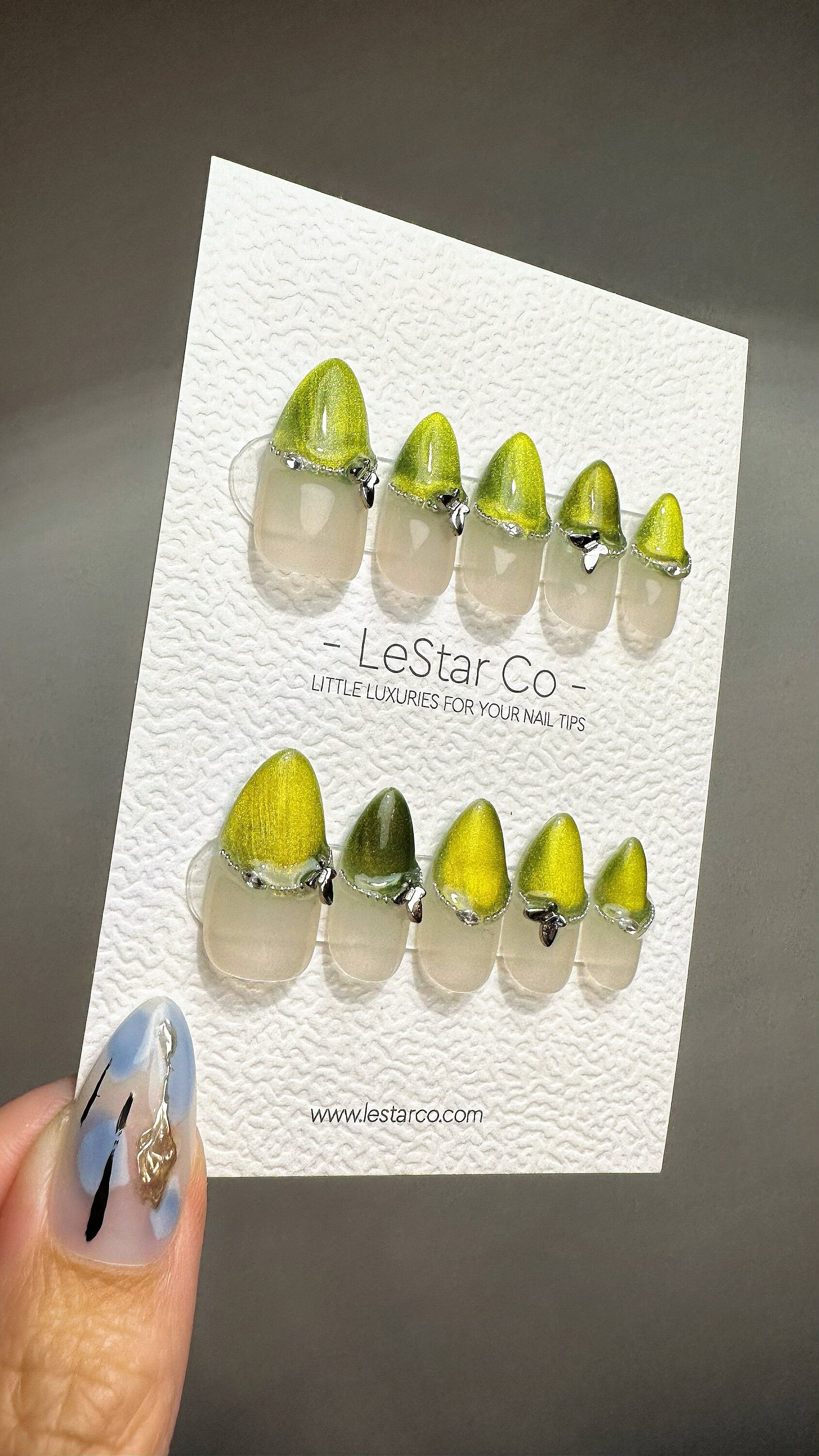 Reusable Willow Whimsy French Tip Cat Eye Effect | Premium Press on Nails Gel | Fake Nails | Cute Fun Colorful Gel Nail faux nails QN740