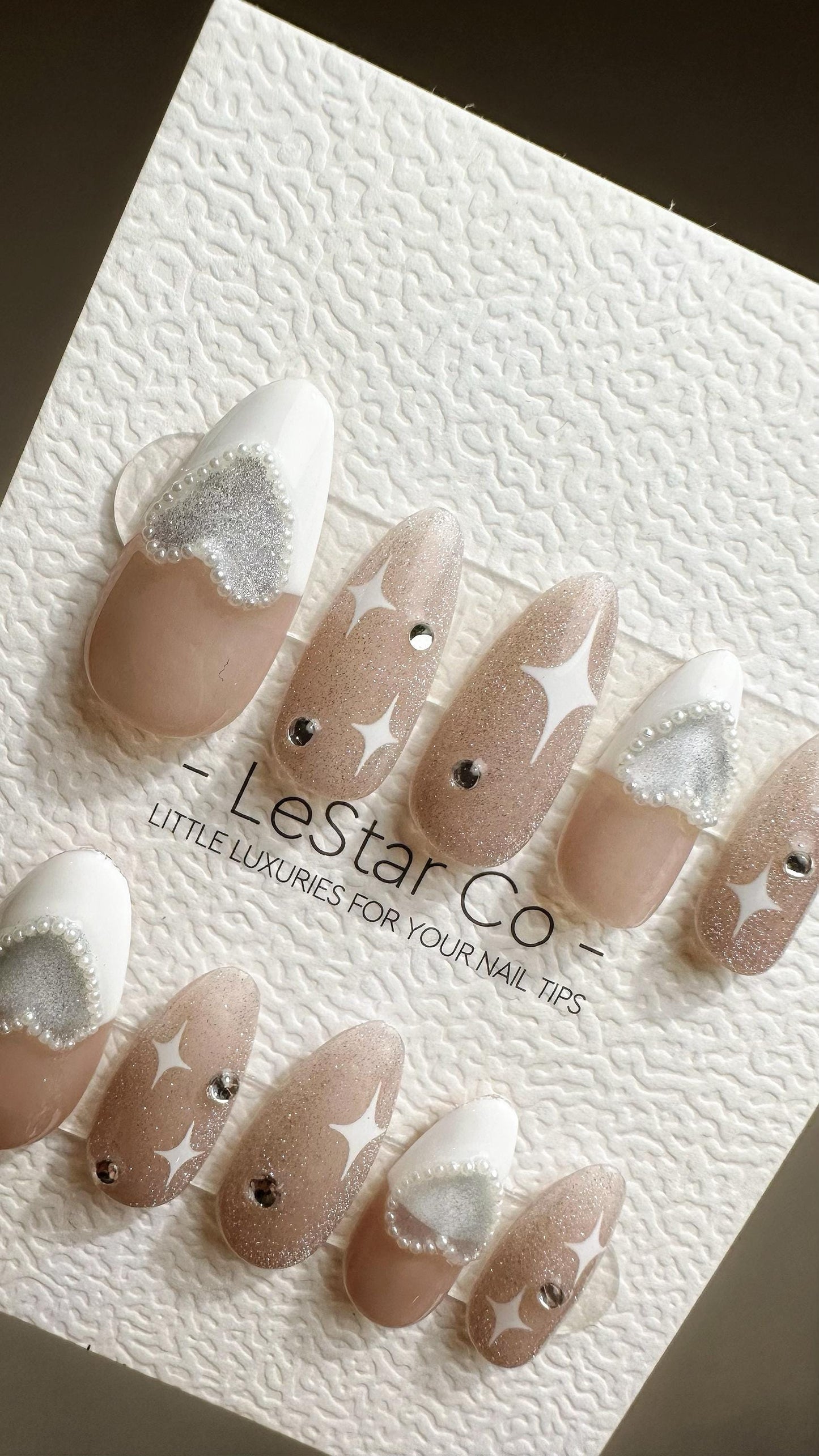 Reusable Starry Heart French Tip with Pearl | Premium Press on Nails Gel | Fake Nails | Handprint Gel Nail Faux Nails TMR784