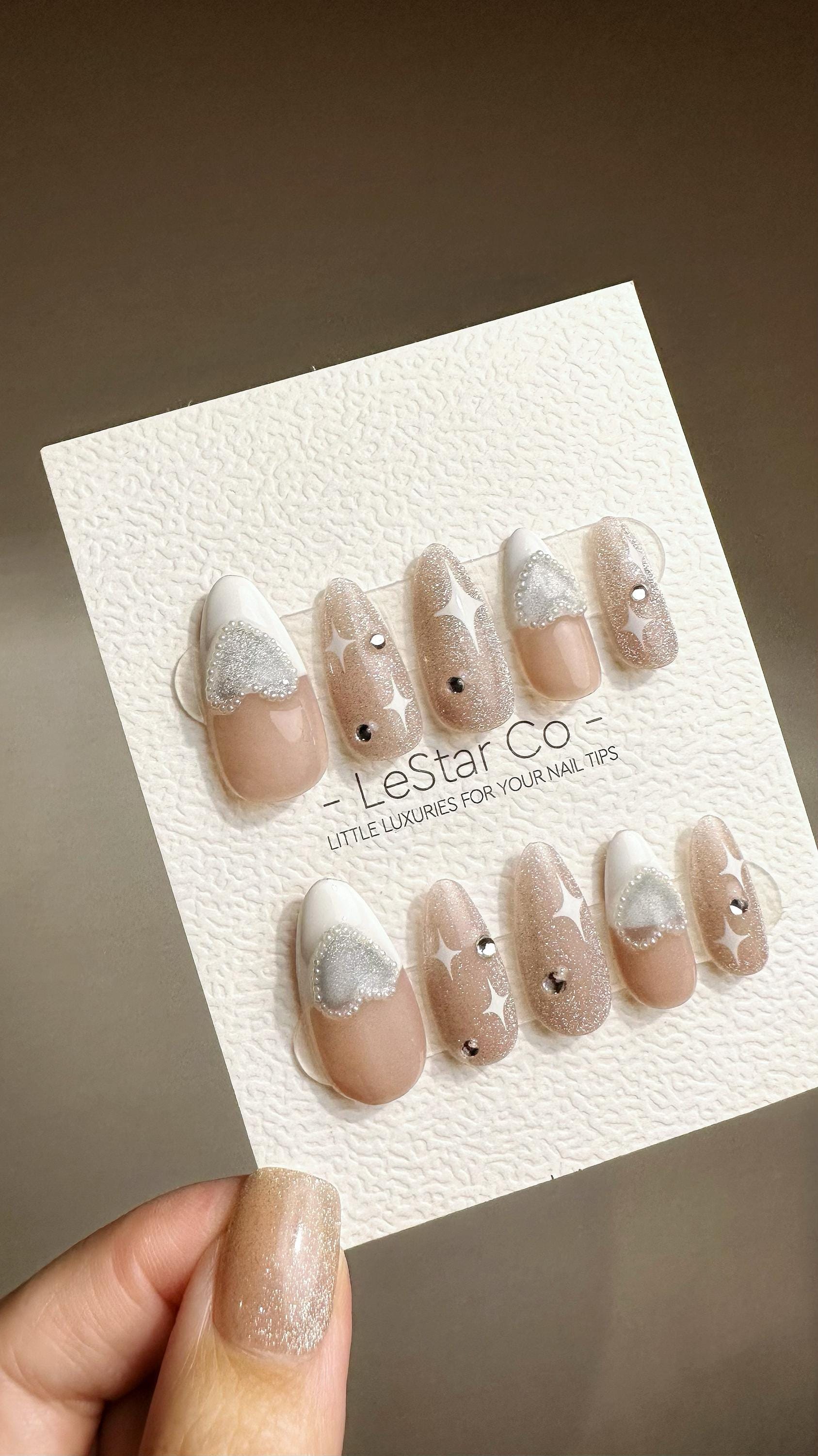 Reusable Starry Heart French Tip with Pearl | Premium Press on Nails Gel | Fake Nails | Handprint Gel Nail Faux Nails TMR784