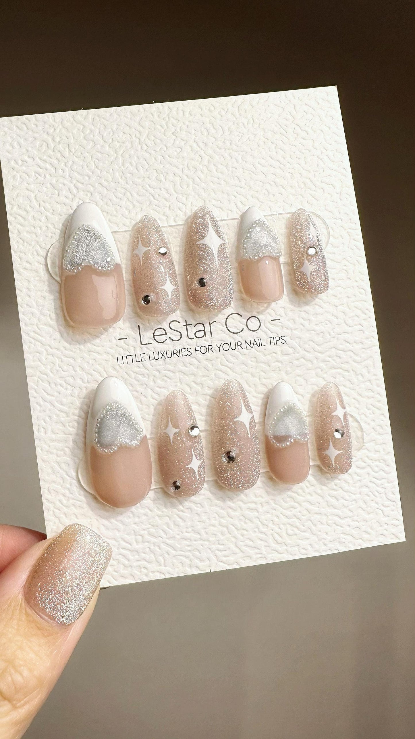 Reusable Starry Heart French Tip with Pearl | Premium Press on Nails Gel | Fake Nails | Handprint Gel Nail Faux Nails TMR784