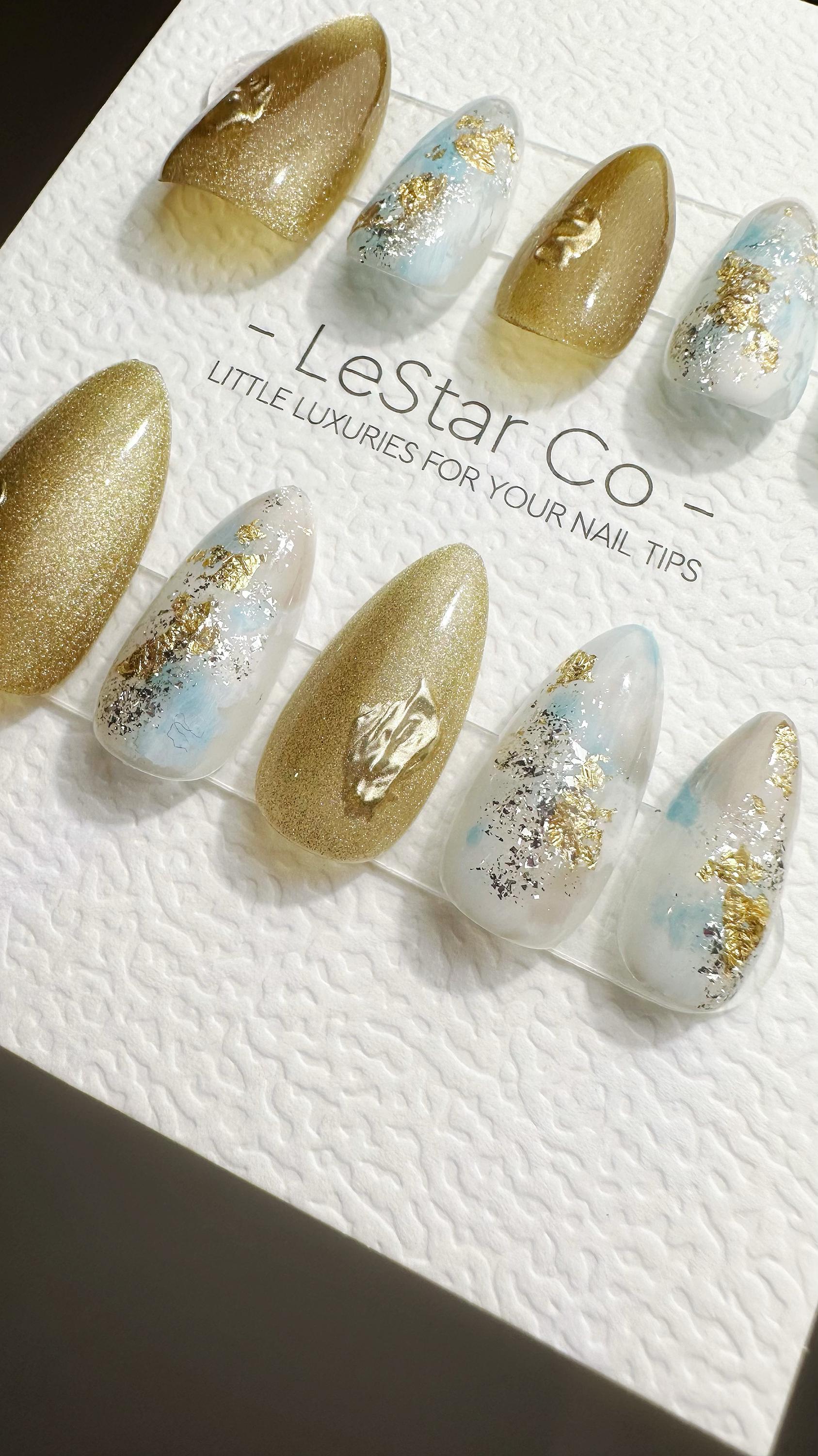 Reusable Golden Luxe Waterscape Cat Eye Effect| Premium Press on Nails Gel Hand Painted Pressons Customizable Gel Nail faux nails TMR786