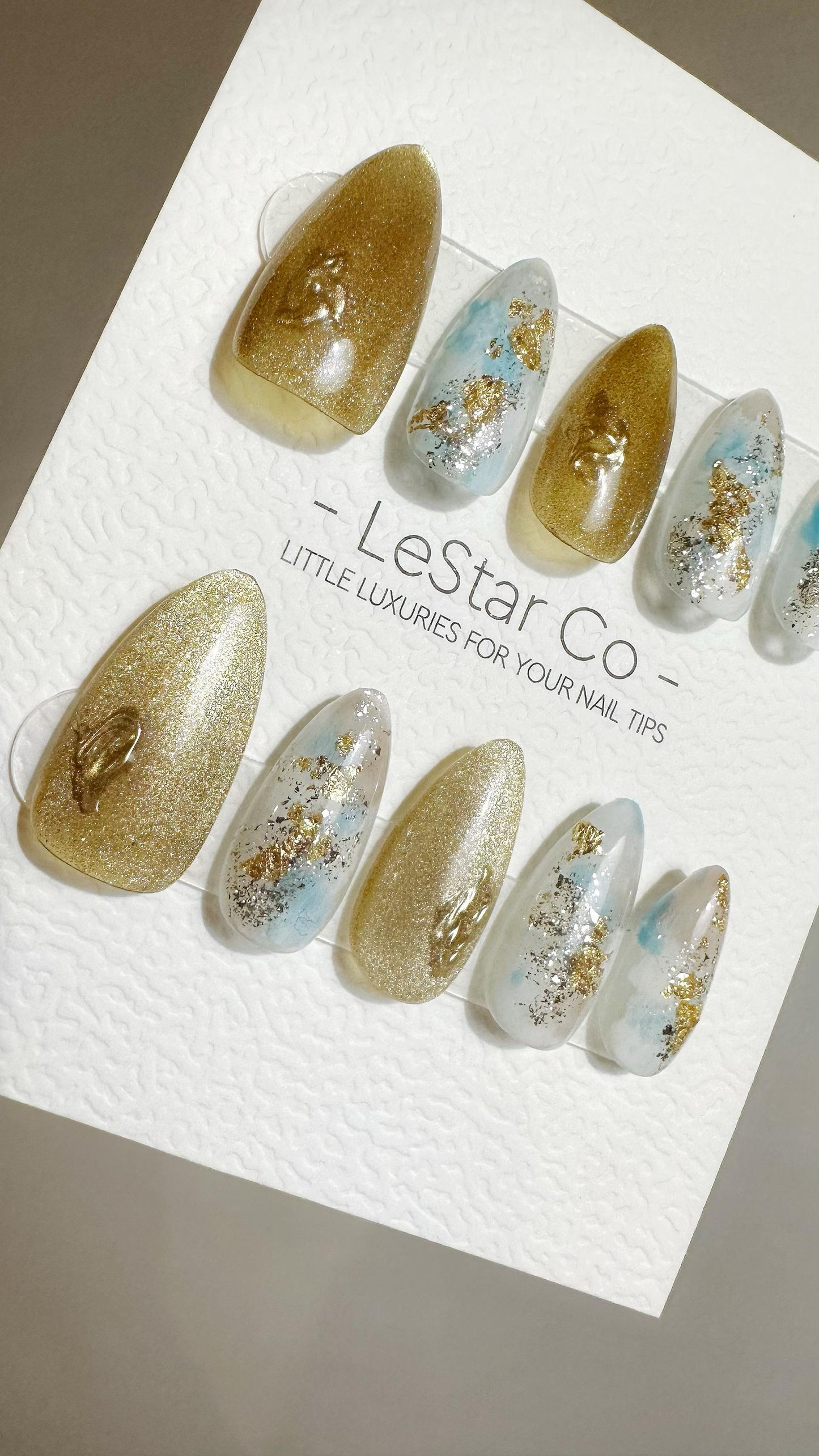 Reusable Golden Luxe Waterscape Cat Eye Effect| Premium Press on Nails Gel Hand Painted Pressons Customizable Gel Nail faux nails TMR786