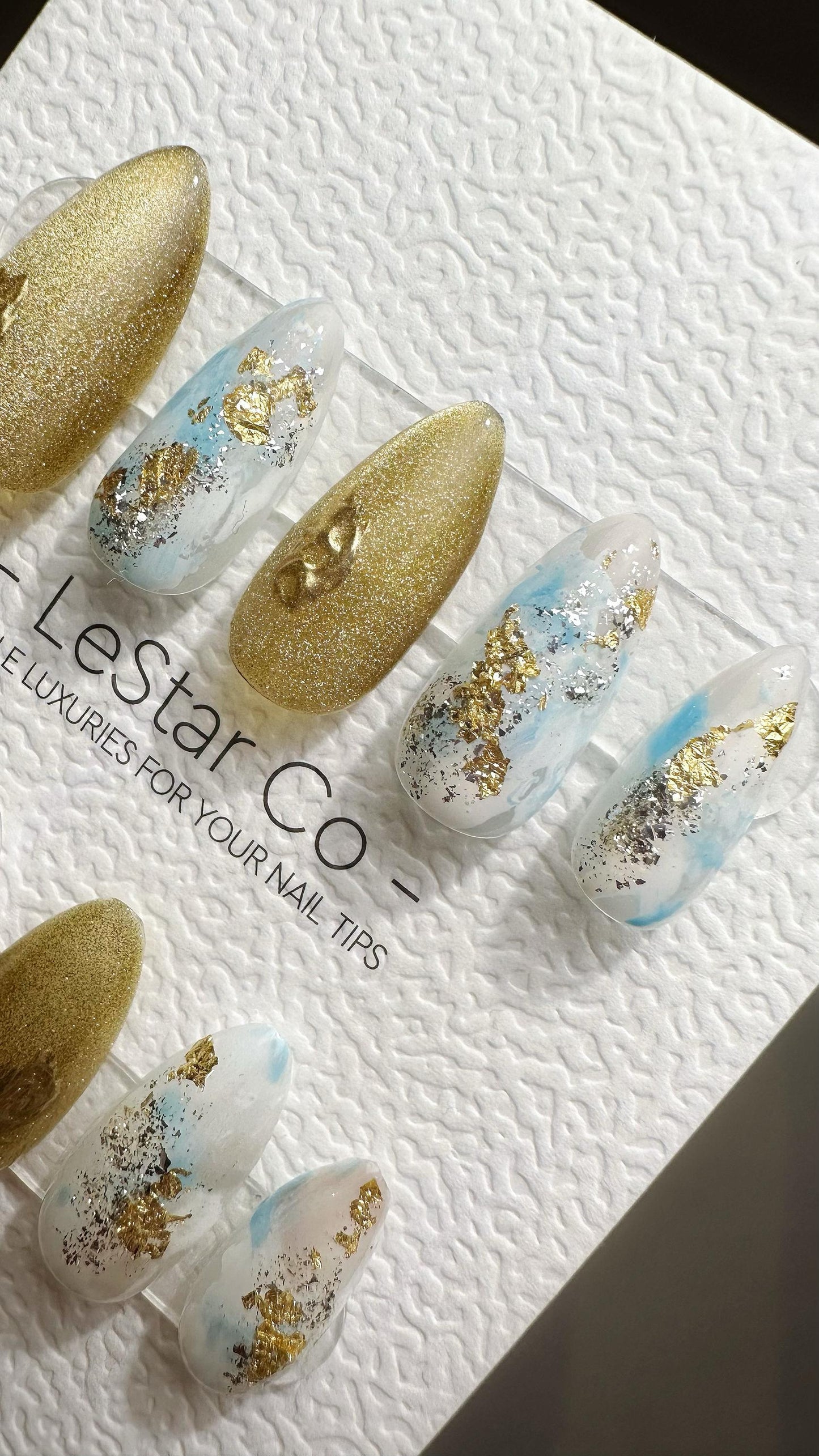 Reusable Golden Luxe Waterscape Cat Eye Effect| Premium Press on Nails Gel Hand Painted Pressons Customizable Gel Nail faux nails TMR786