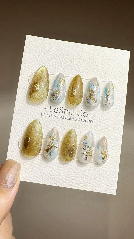 Reusable Golden Luxe Waterscape Cat Eye Effect| Premium Press on Nails Gel Hand Painted Pressons Customizable Gel Nail faux nails TMR786