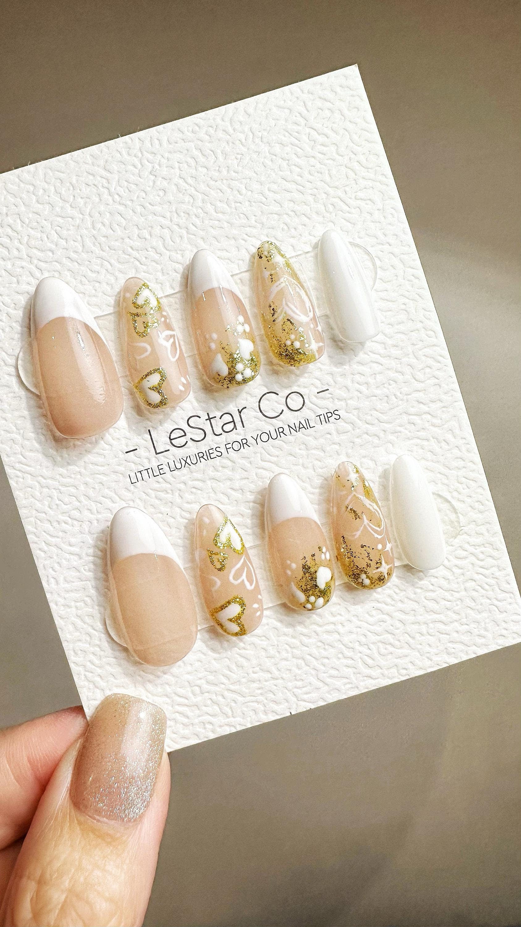 Reusable Golden Whispers French Tip | Premium Press on Nails Gel | Fake Nails | Cute Fun Colorful Gel Nail faux nails YR790