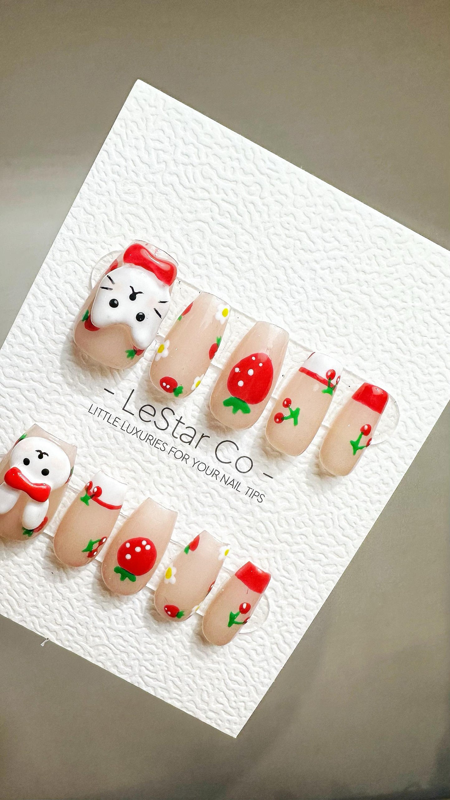 Reusable Strawberry Kitty Bunny| Premium Press on Nails Gel Hand Painted Pressons Customizable Gel Nail Artist faux nails YR792