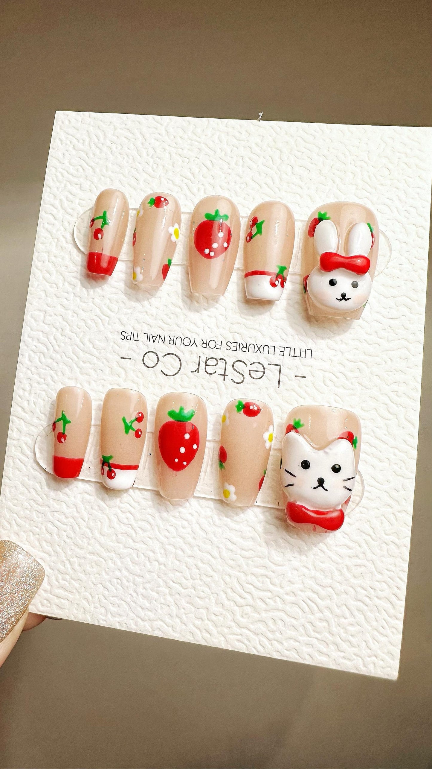 Reusable Strawberry Kitty Bunny| Premium Press on Nails Gel Hand Painted Pressons Customizable Gel Nail Artist faux nails YR792