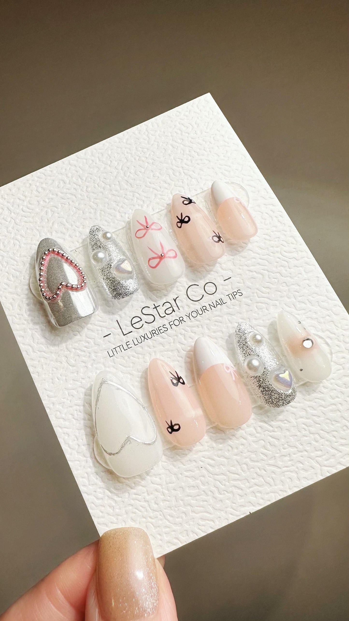 Reusable Dainty Bow Delight | Premium Press on Nails Gel Hand Painted Pressons Customizable Gel Nail Artist faux nails ML795