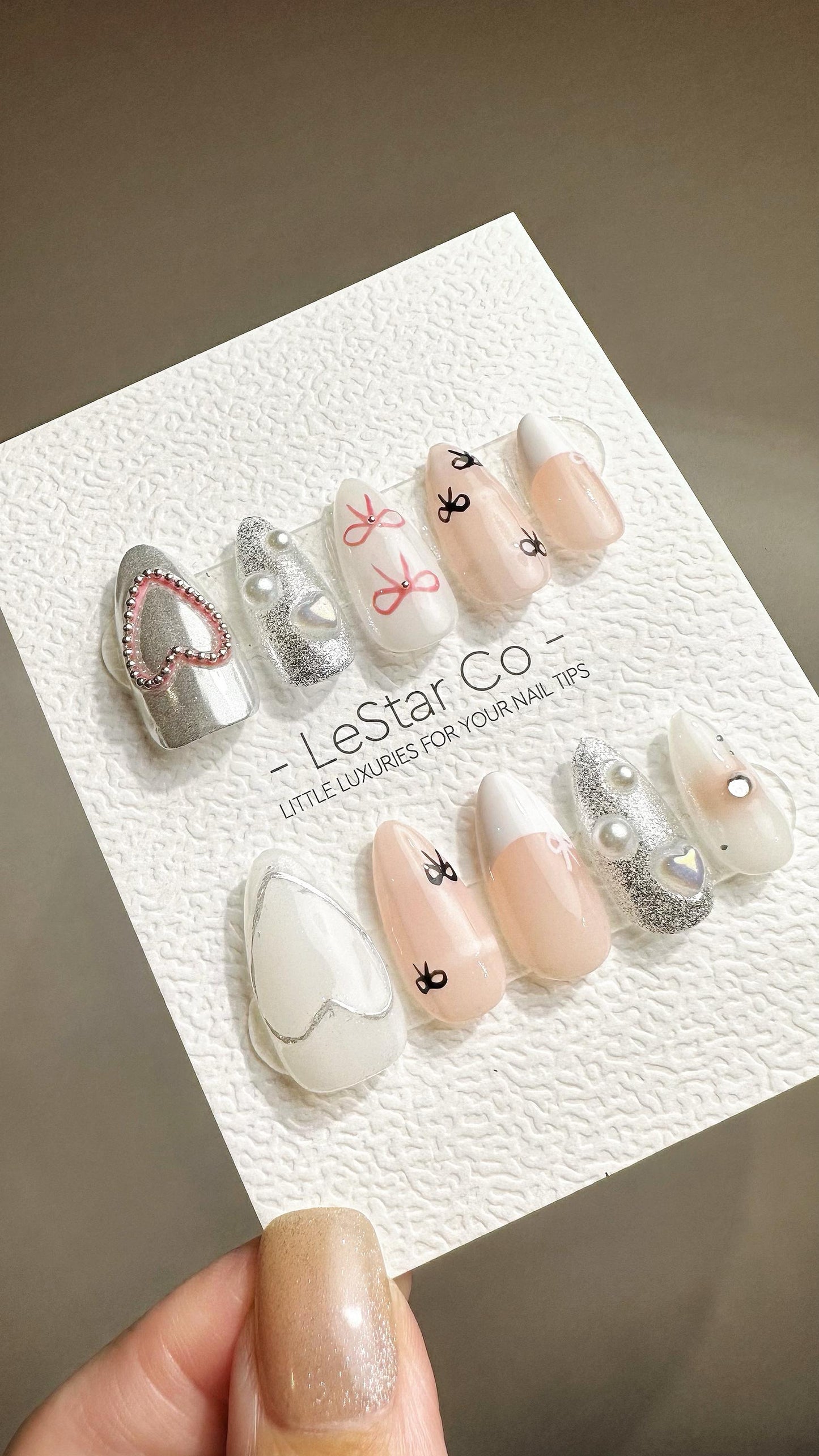 Reusable Dainty Bow Delight | Premium Press on Nails Gel Hand Painted Pressons Customizable Gel Nail Artist faux nails ML795