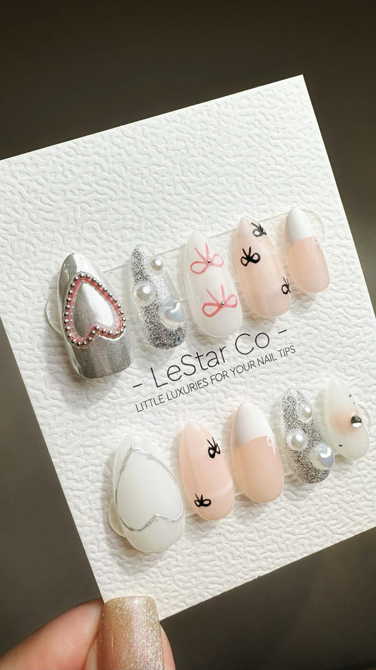 Reusable Dainty Bow Delight | Premium Press on Nails Gel Hand Painted Pressons Customizable Gel Nail Artist faux nails ML795