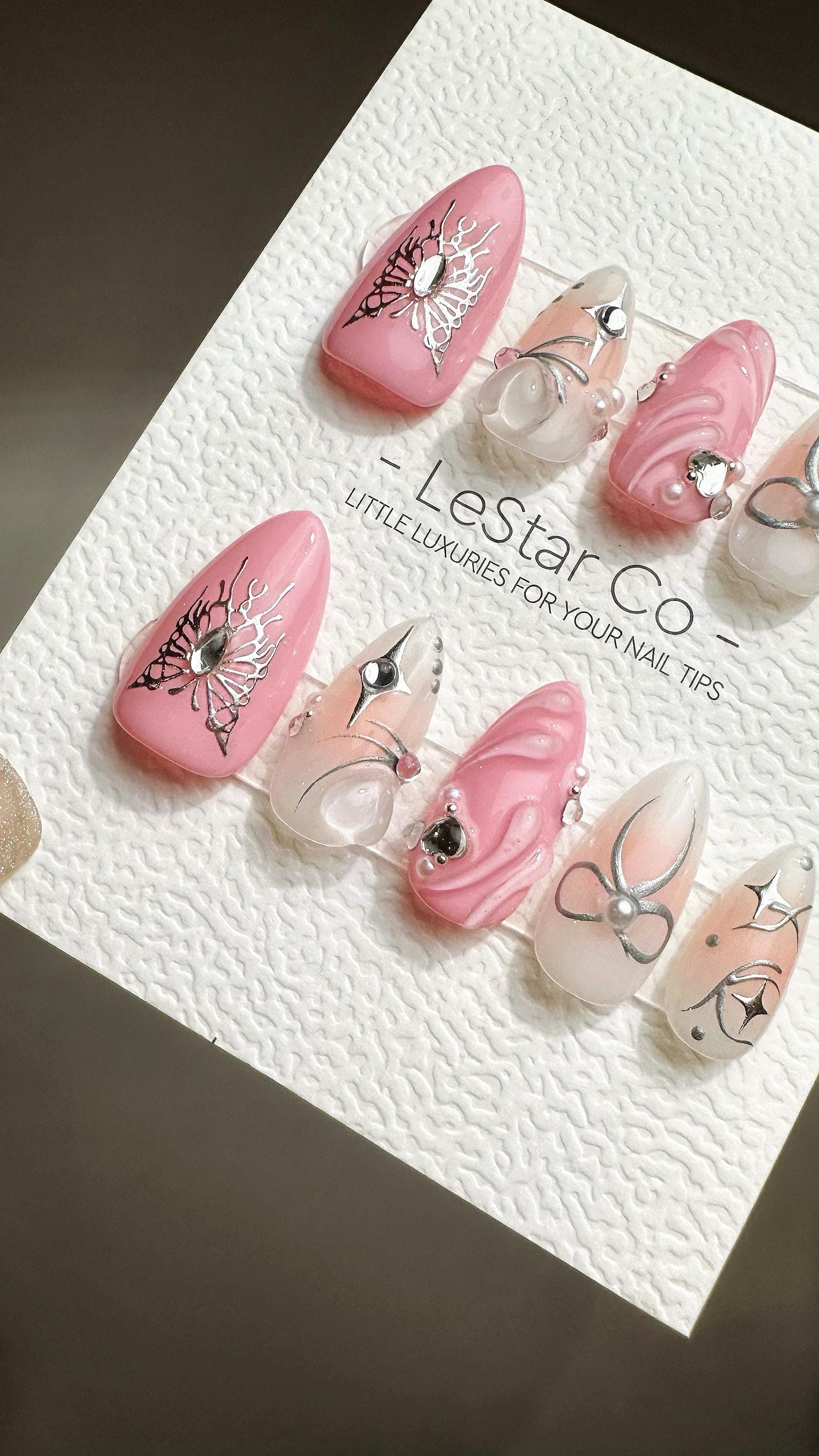 Reusable Pink Butterfly Bliss | Premium Press on Nails Gel Hand Painted Pressons Customizable Gel Nail Artist faux nails ML797