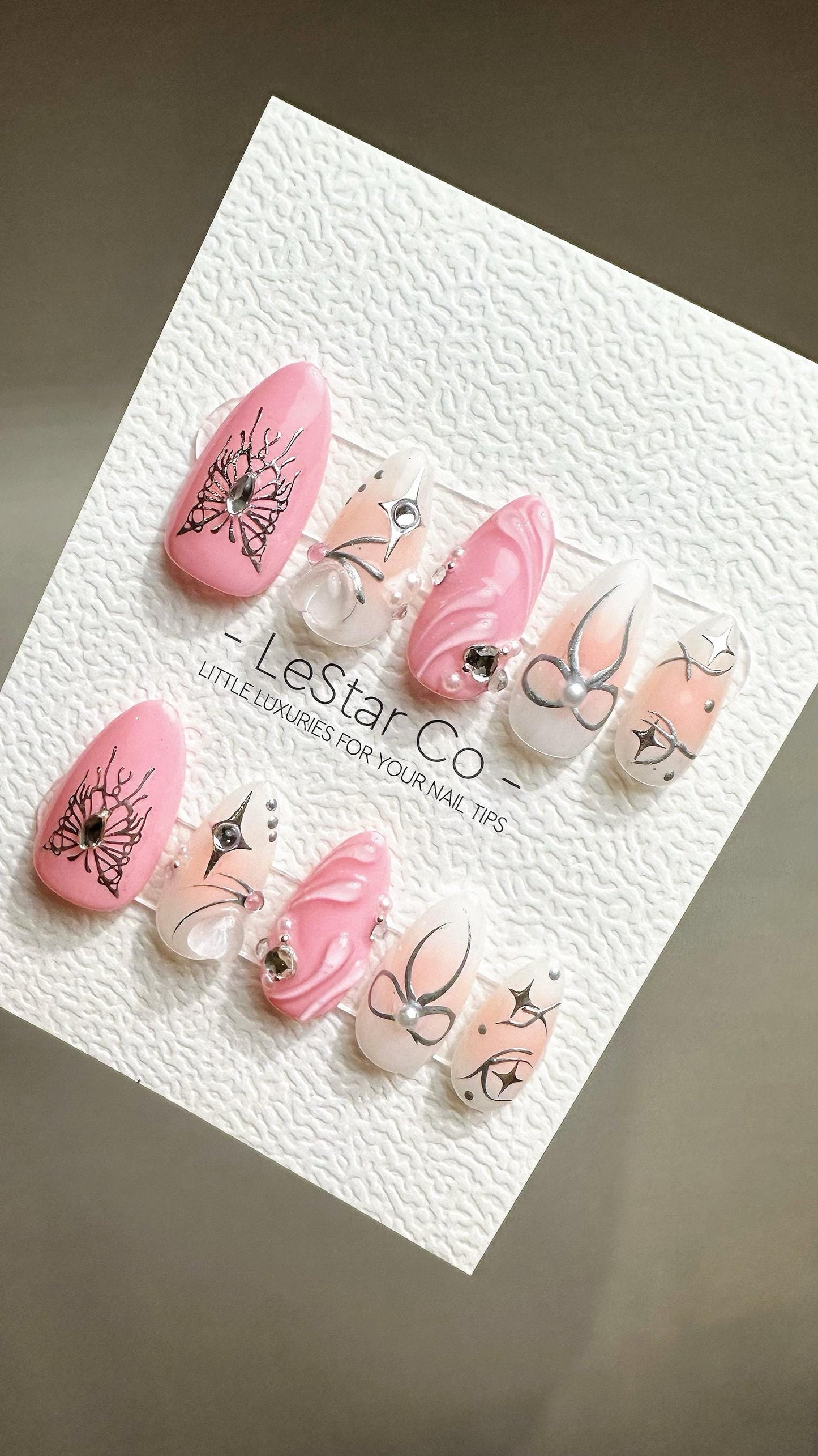 Reusable Pink Butterfly Bliss | Premium Press on Nails Gel Hand Painted Pressons Customizable Gel Nail Artist faux nails ML797