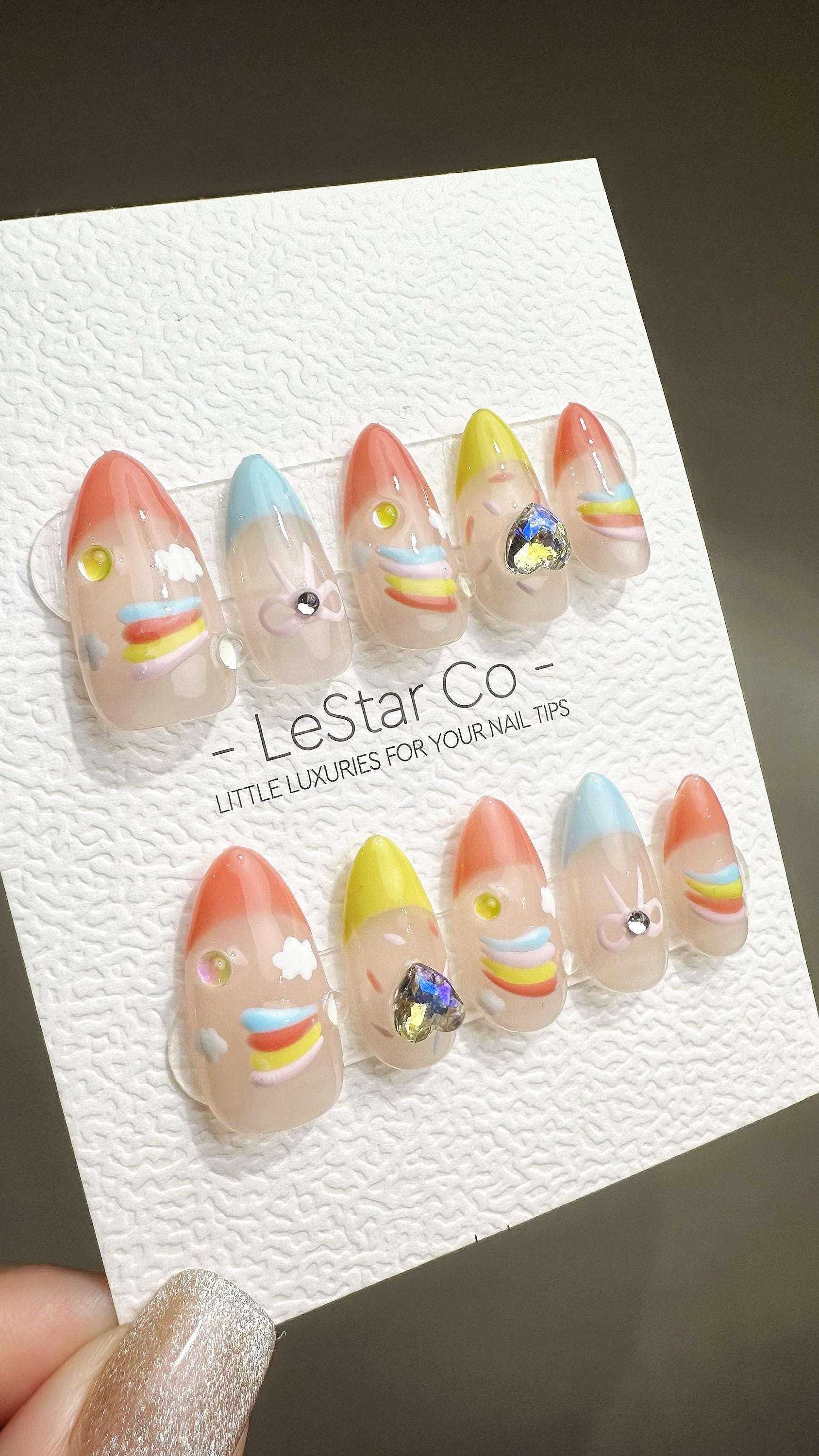 Reusable Rainbow Dreams French Tip| Premium Press on Nails Gel Hand Painted Pressons Customizable Gel Nail Artist faux nails ML799